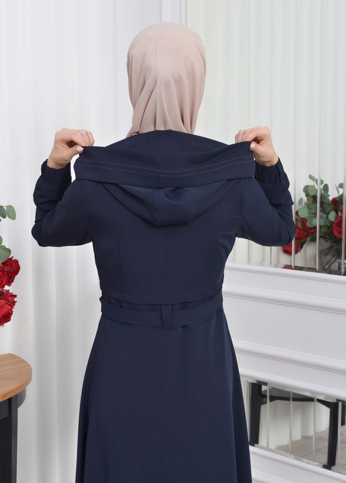 Hooded-Belted Hijab Topcoat 1204 with front zipper Lacivert