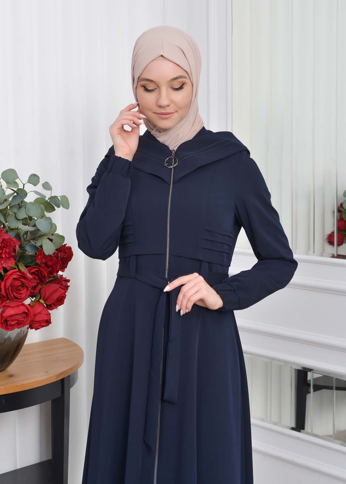 Hooded-Belted Hijab Topcoat 1204 with front zipper Lacivert