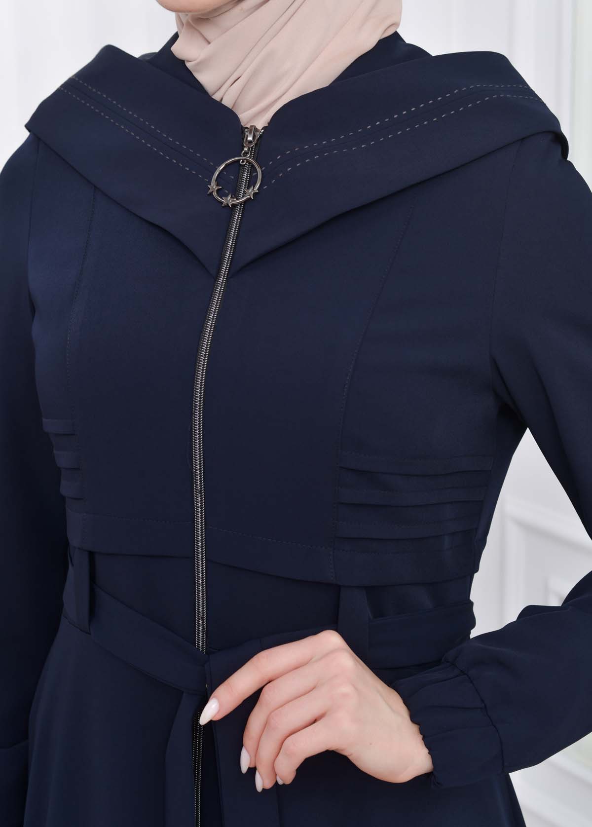 Hooded-Belted Hijab Topcoat 1204 with front zipper Lacivert