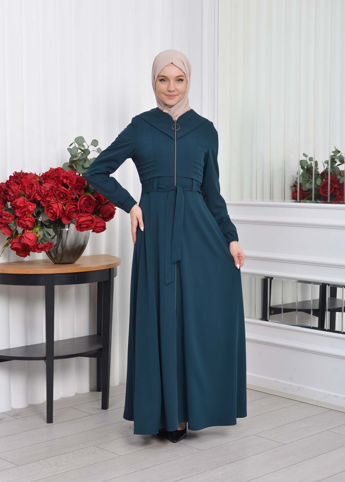 Hooded-Belted Hijab Topcoat 1204 with front zipper - khaki