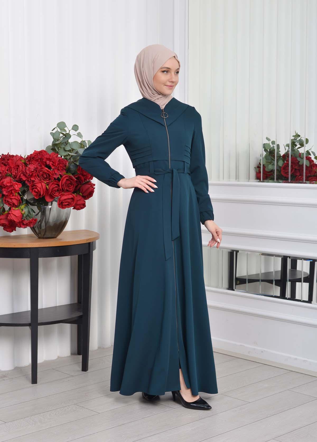 Hooded-Belted Hijab Topcoat 1204 with front zipper Haki