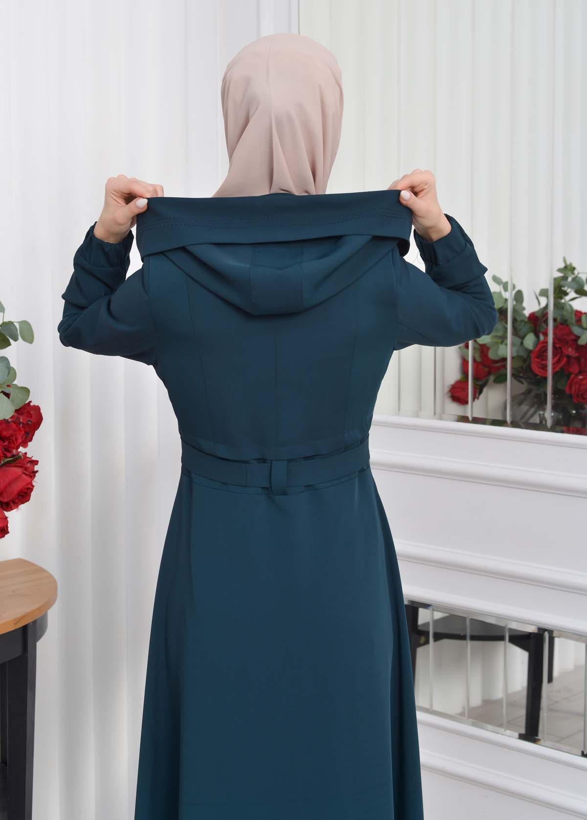 Hooded-Belted Hijab Topcoat 1204 with front zipper Haki