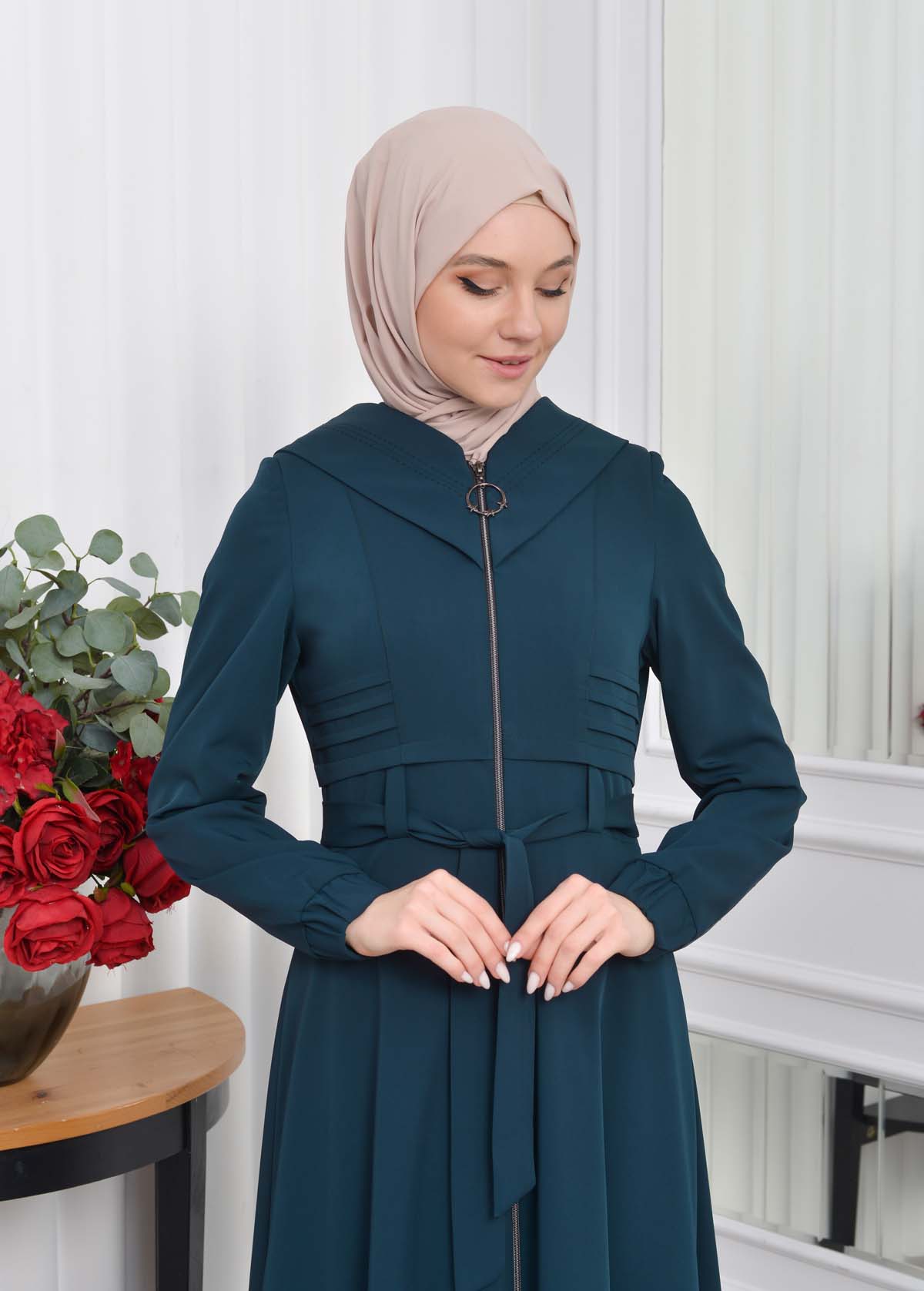 Hooded-Belted Hijab Topcoat 1204 with front zipper Haki