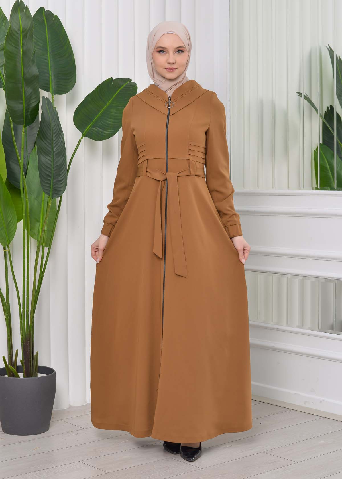 Hooded-Belted Hijab Topcoat 1204 with front zipper - tan