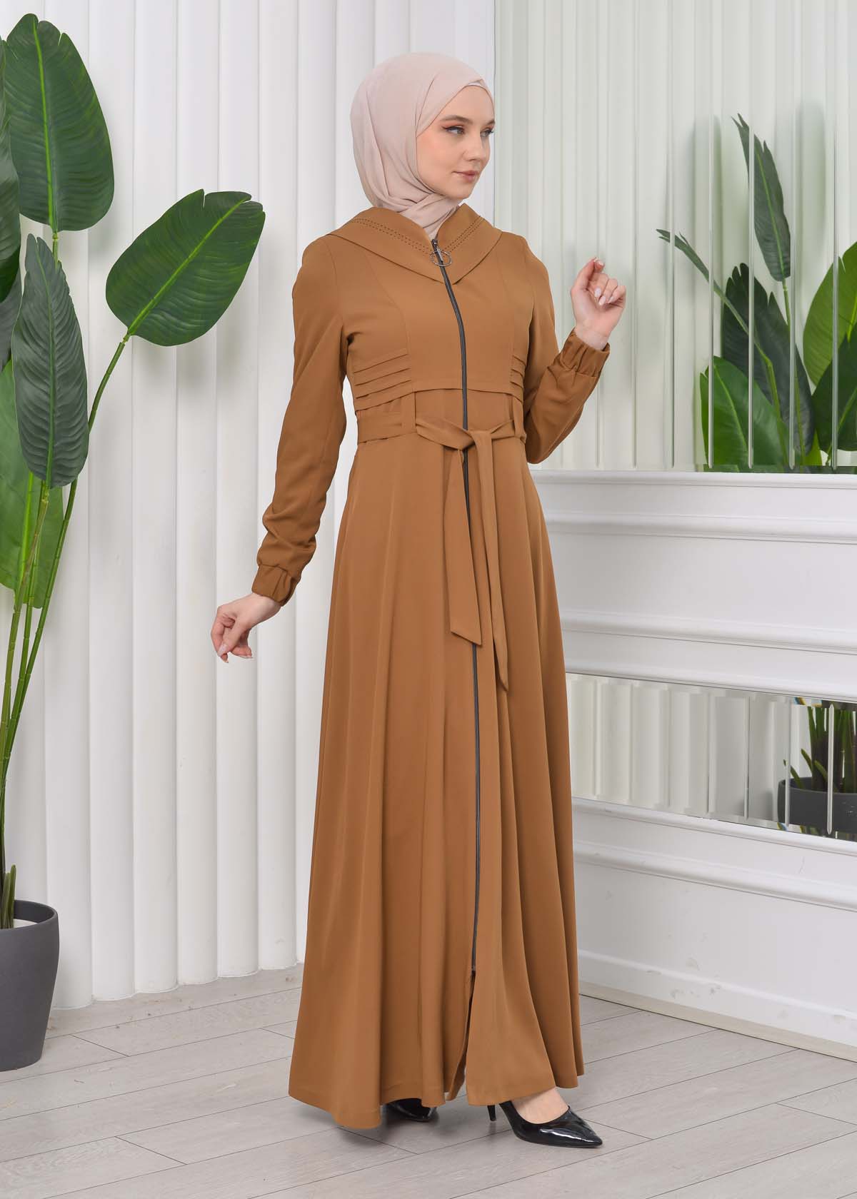 Hooded-Belted Hijab Topcoat 1204 with front zipper taba