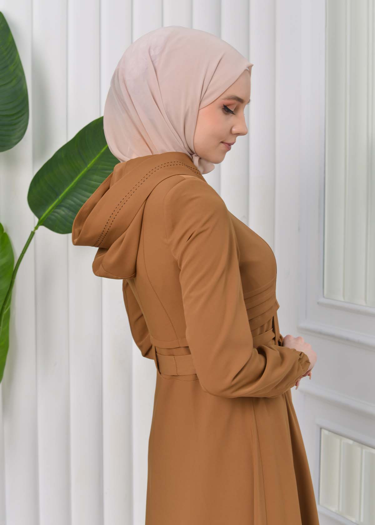 Hooded-Belted Hijab Topcoat 1204 with front zipper taba