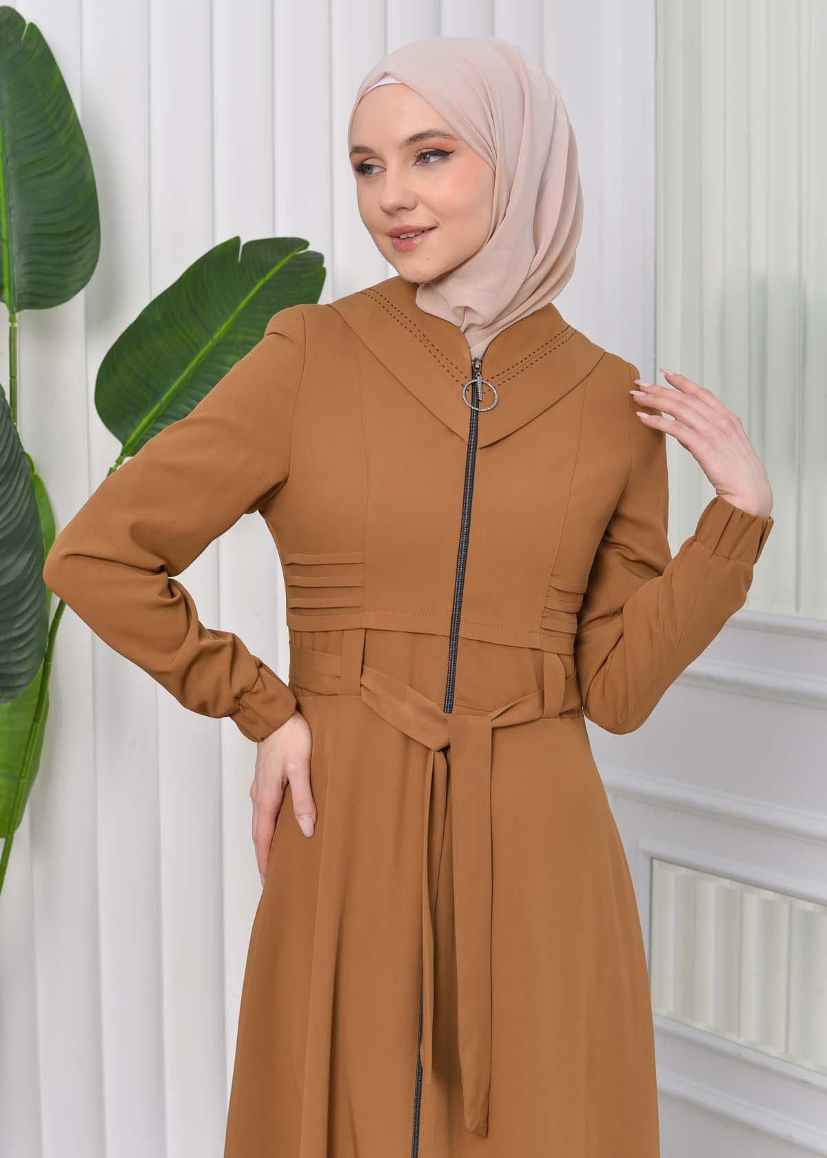 Hooded-Belted Hijab Topcoat 1204 with front zipper taba