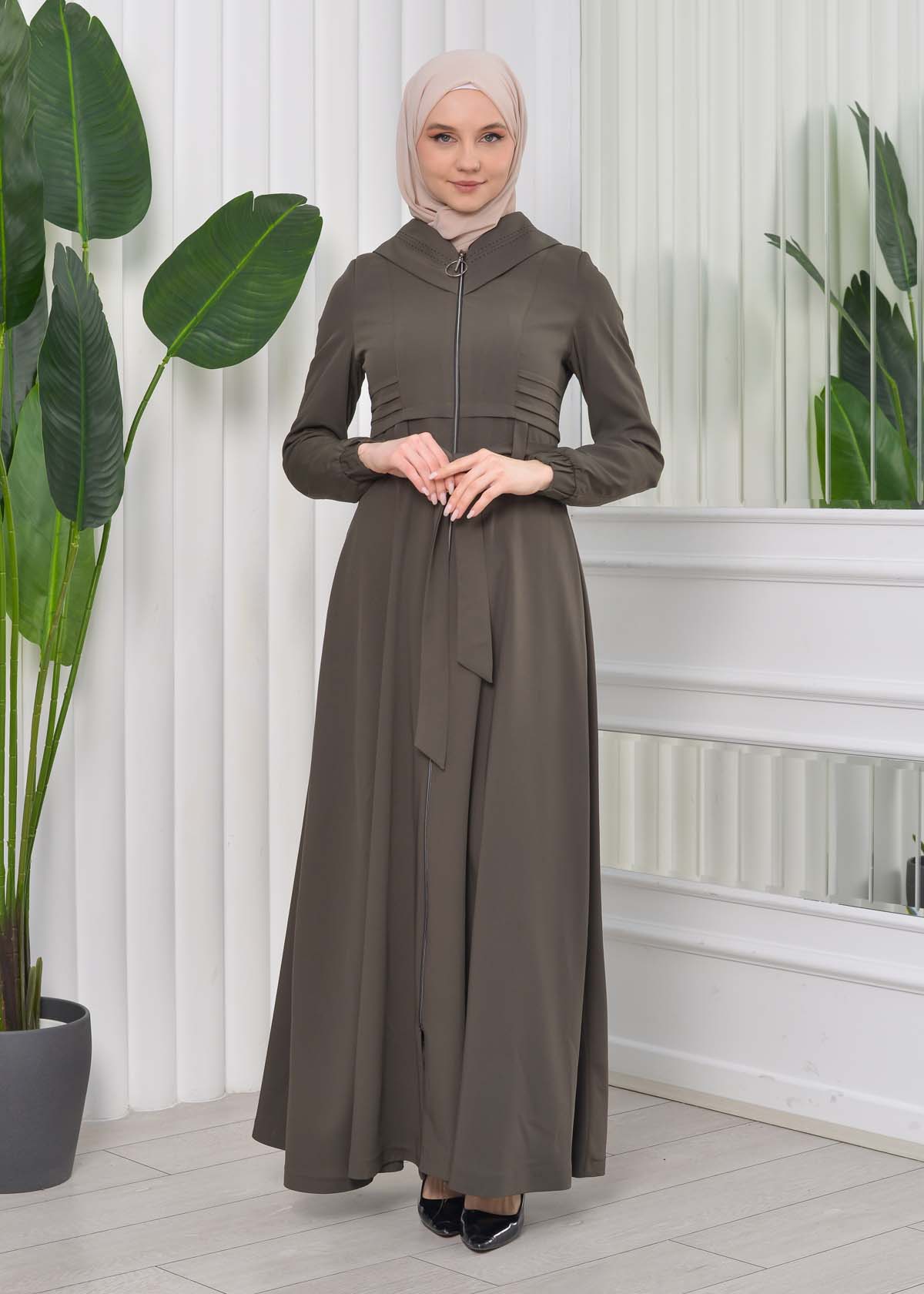 Hooded-Belted Hijab Topcoat 1204 with front zipper - dark khaki