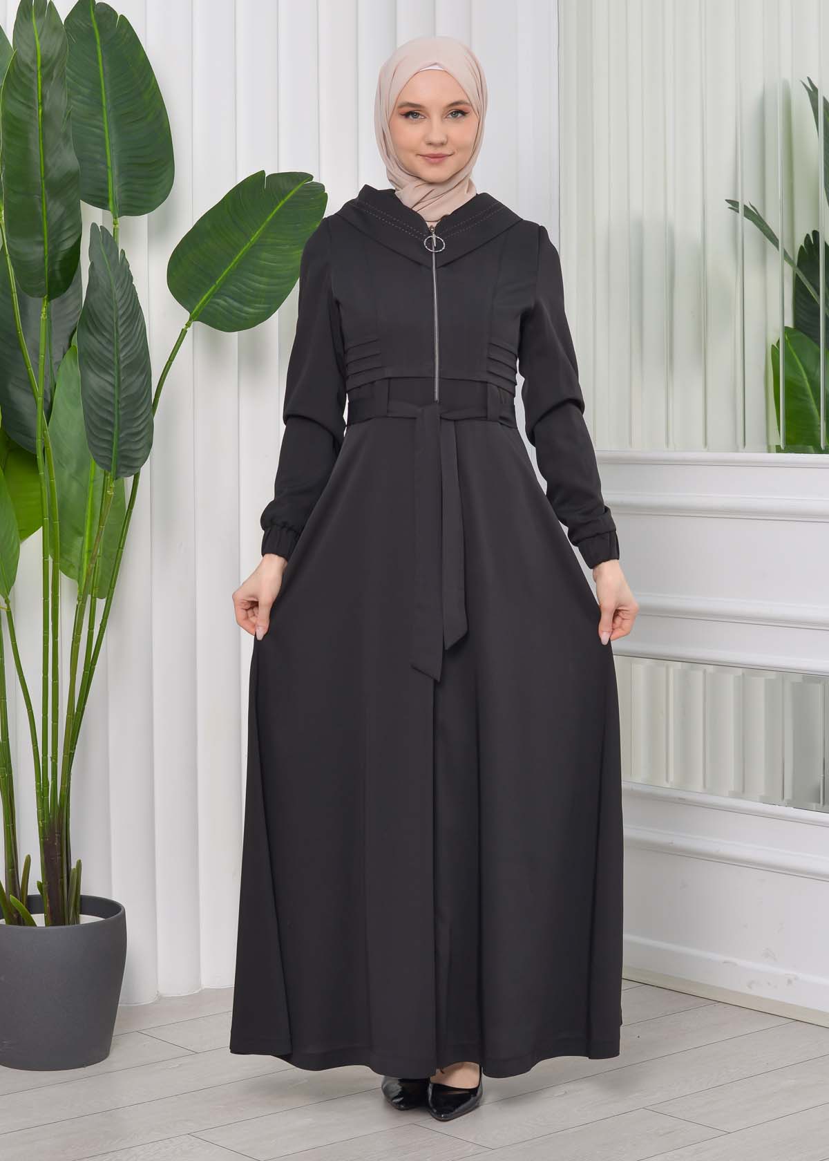 Hooded-Belted Hijab Topcoat 1204 with front zipper - black