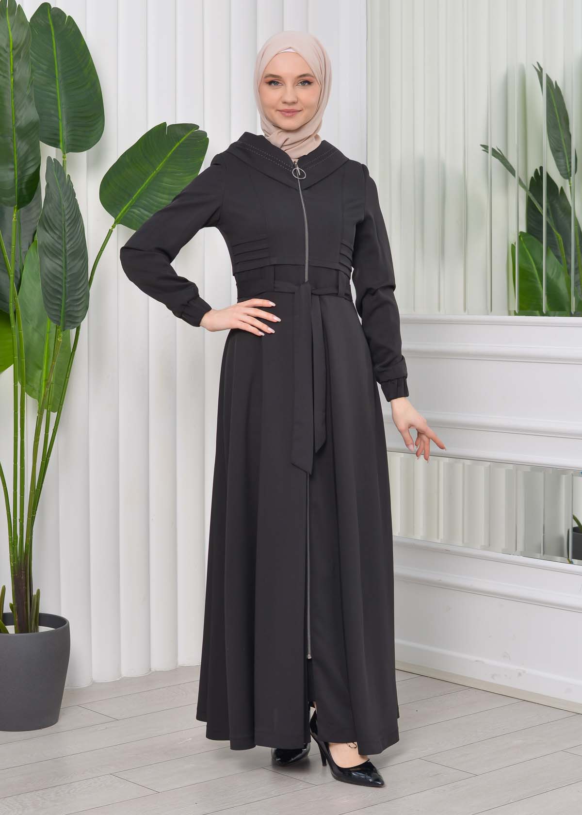 Hooded-Belted Hijab Topcoat 1204 with front zipper Siyah