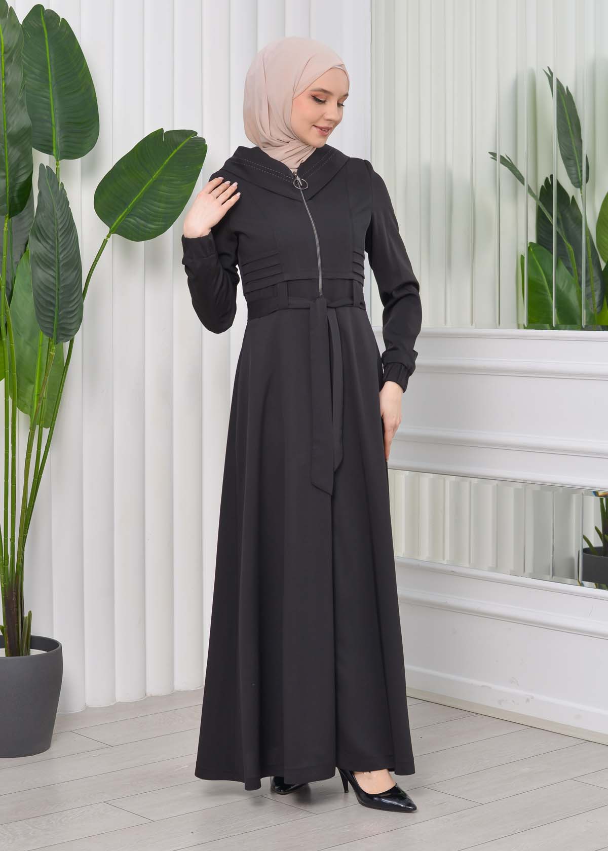 Hooded-Belted Hijab Topcoat 1204 with front zipper Siyah