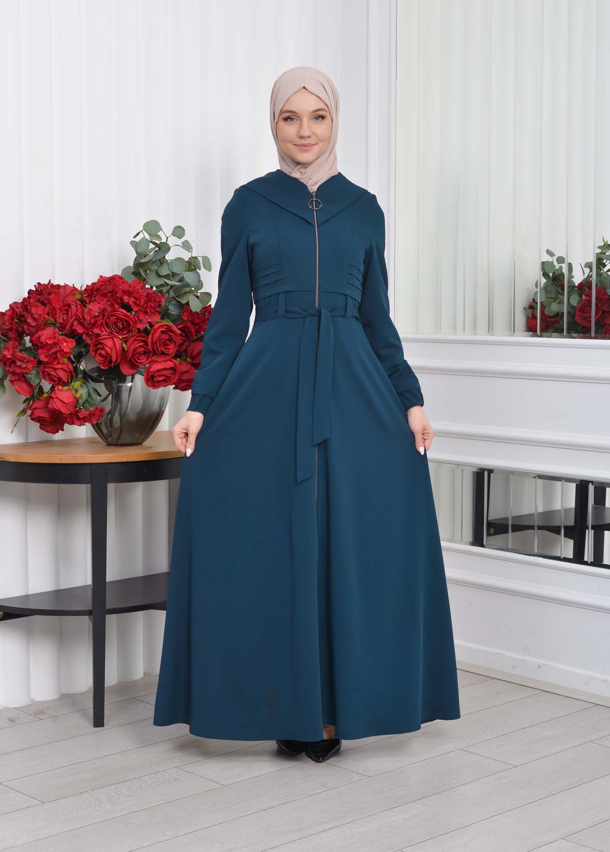 Hooded-Belted Hijab Topcoat 1204 with front zipper - turquoise