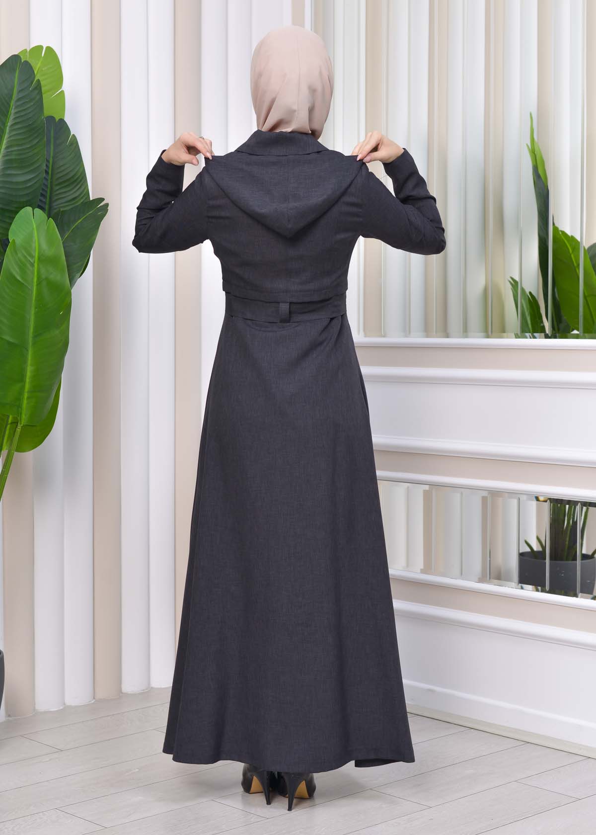 Hooded-Belted Hijab Topcoat 1212 with front zipper Koyu Antrasit