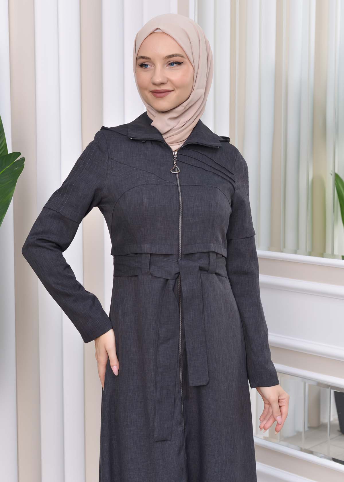 Hooded-Belted Hijab Topcoat 1212 with front zipper Koyu Antrasit