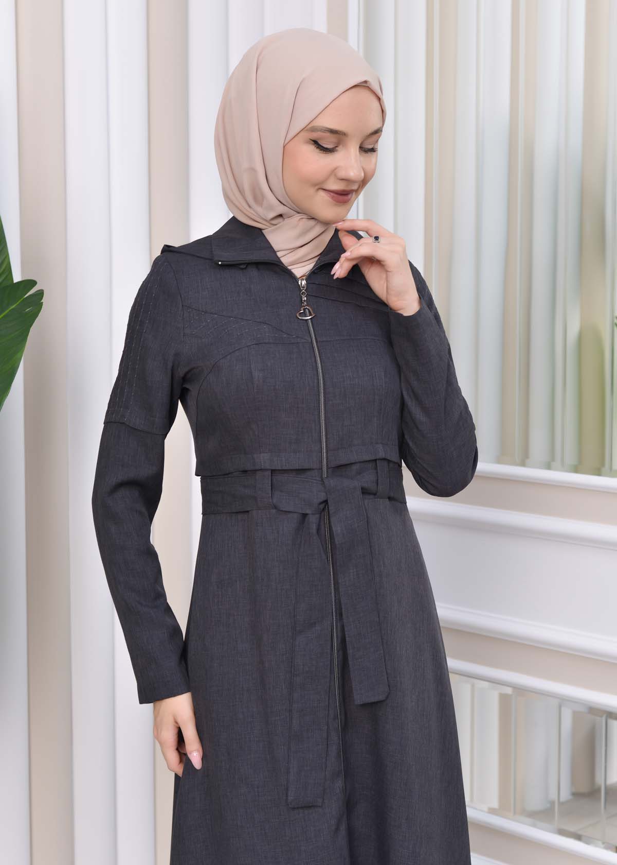 Hooded-Belted Hijab Topcoat 1212 with front zipper Koyu Antrasit