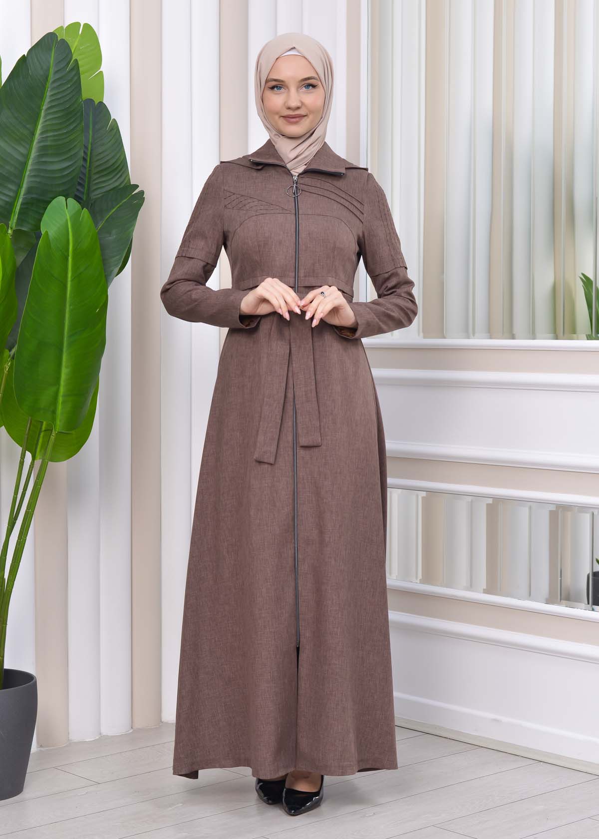 Hooded-Belted Hijab Topcoat 1212 with front zipper Açık kahverengi