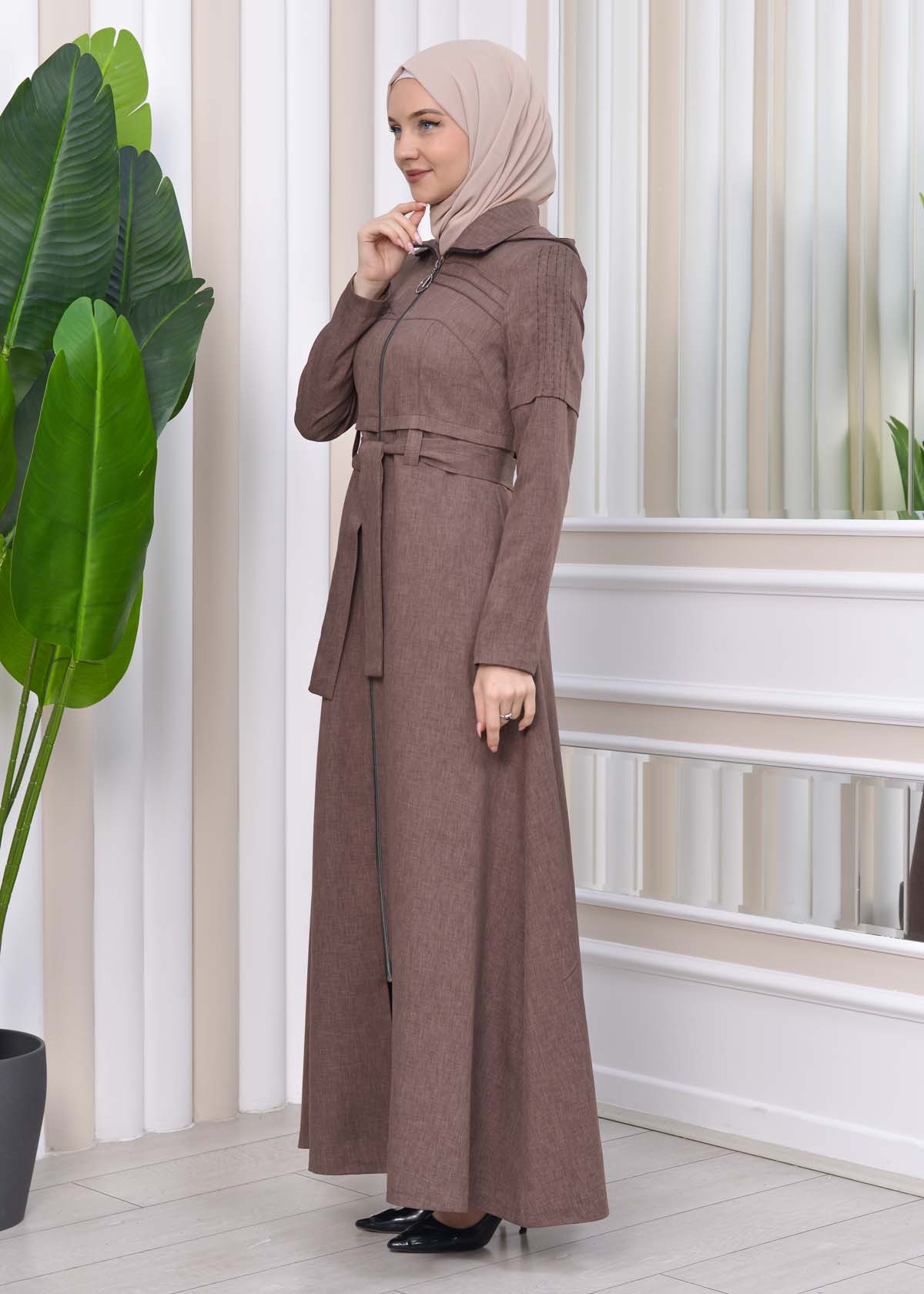 Hooded-Belted Hijab Topcoat 1212 with front zipper Açık kahverengi