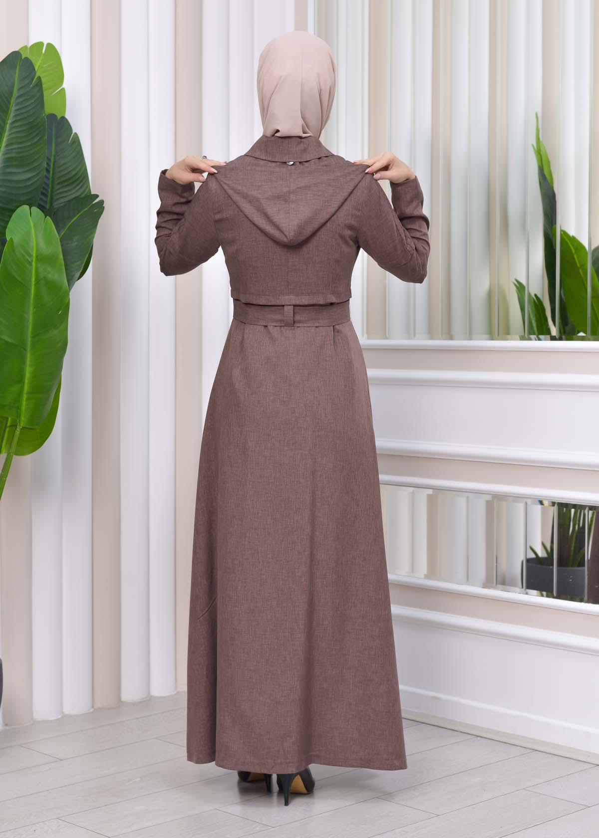 Hooded-Belted Hijab Topcoat 1212 with front zipper Açık kahverengi