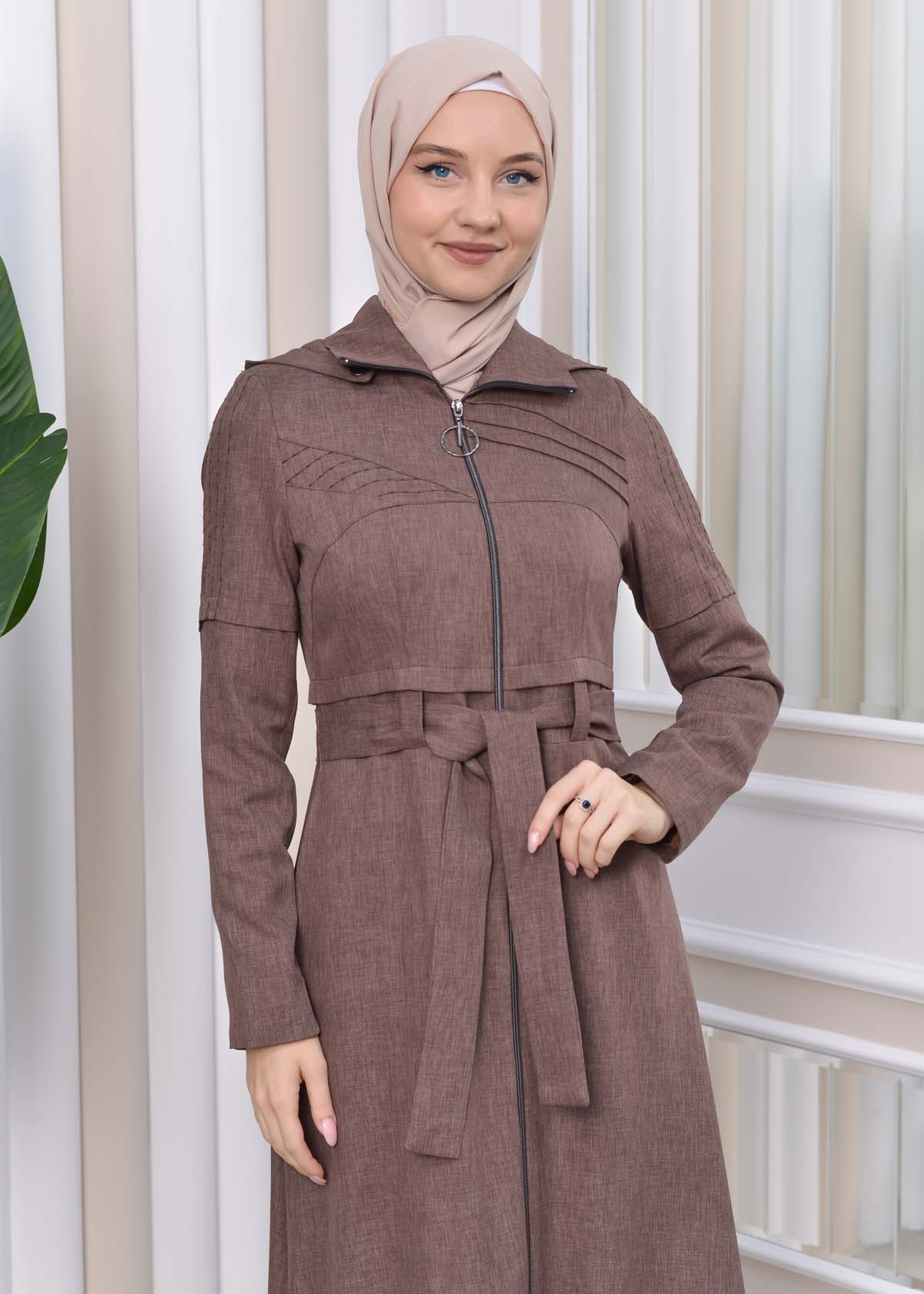 Hooded-Belted Hijab Topcoat 1212 with front zipper Açık kahverengi