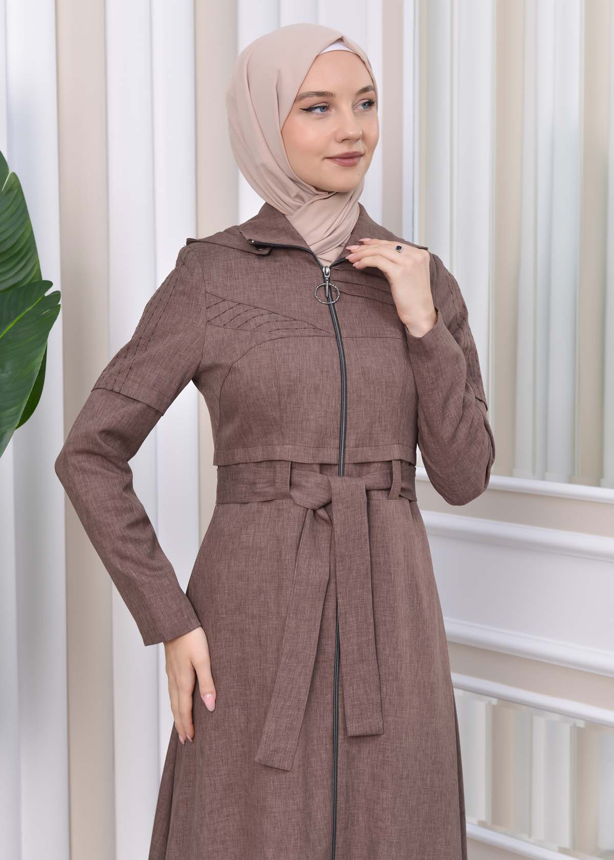 Hooded-Belted Hijab Topcoat 1212 with front zipper Açık kahverengi