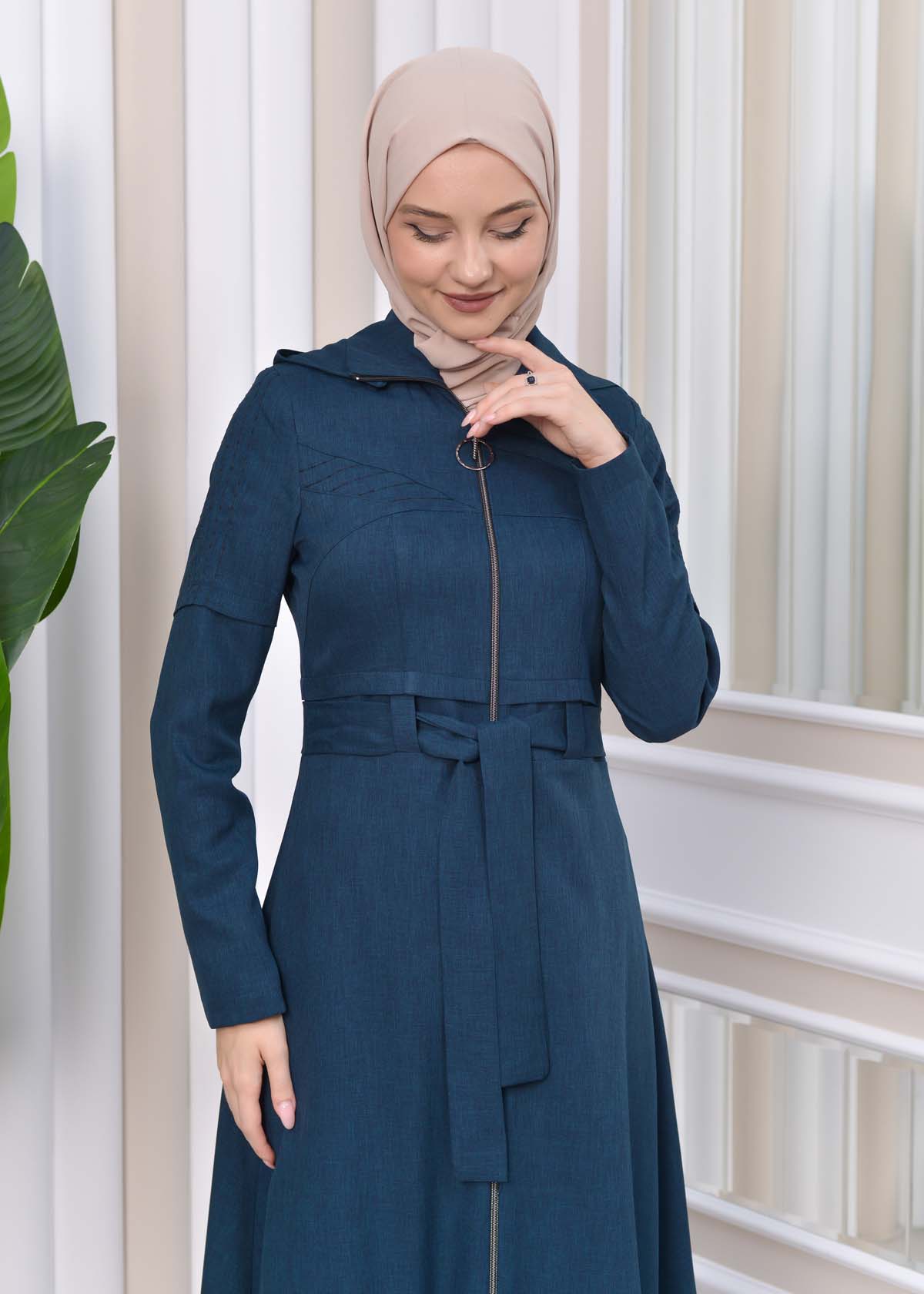 Hooded-Belted Hijab Topcoat 1212 with front zipper Petrol rengi