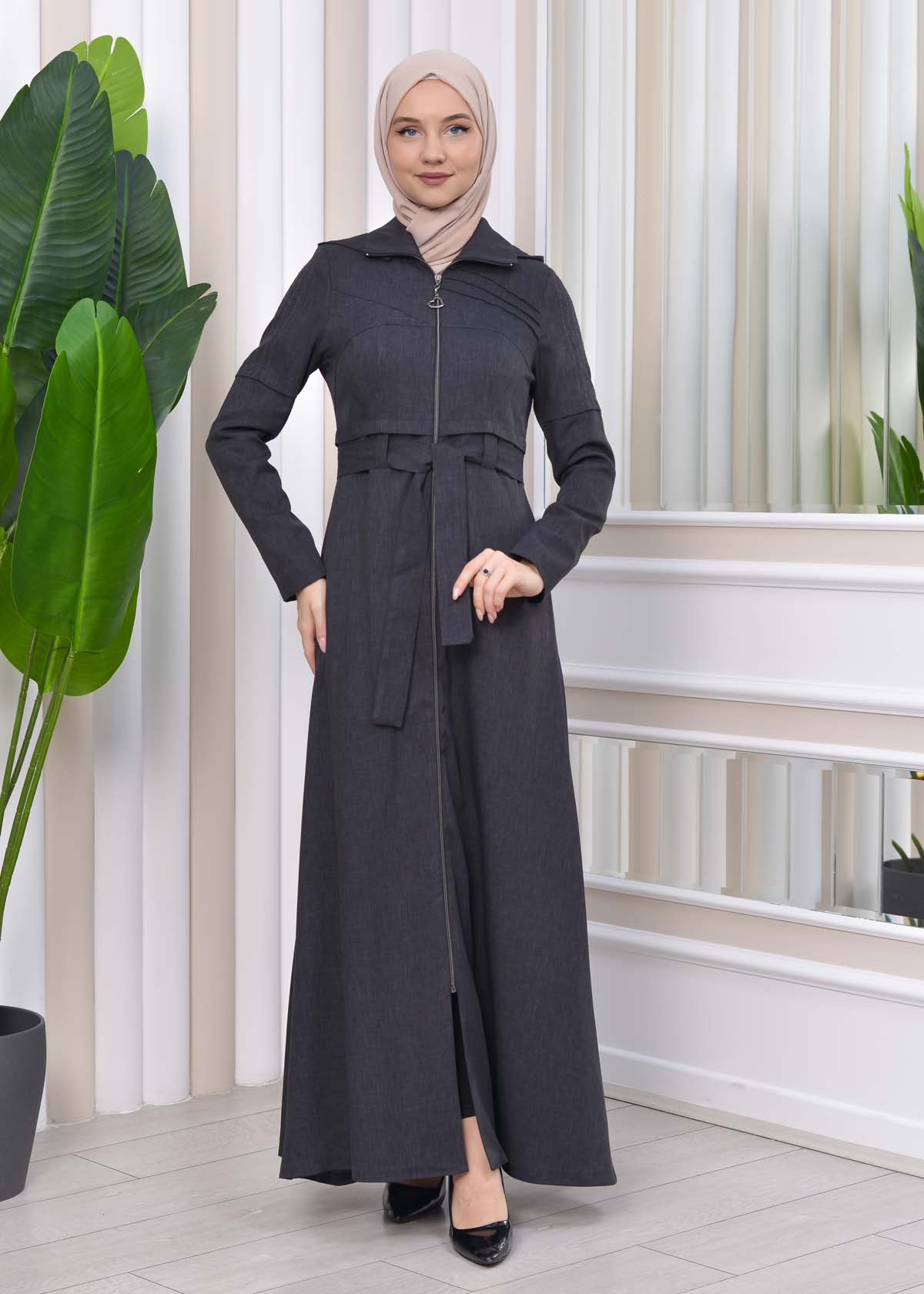 Hooded-Belted Hijab Topcoat 1212 with front zipper Koyu Antrasit