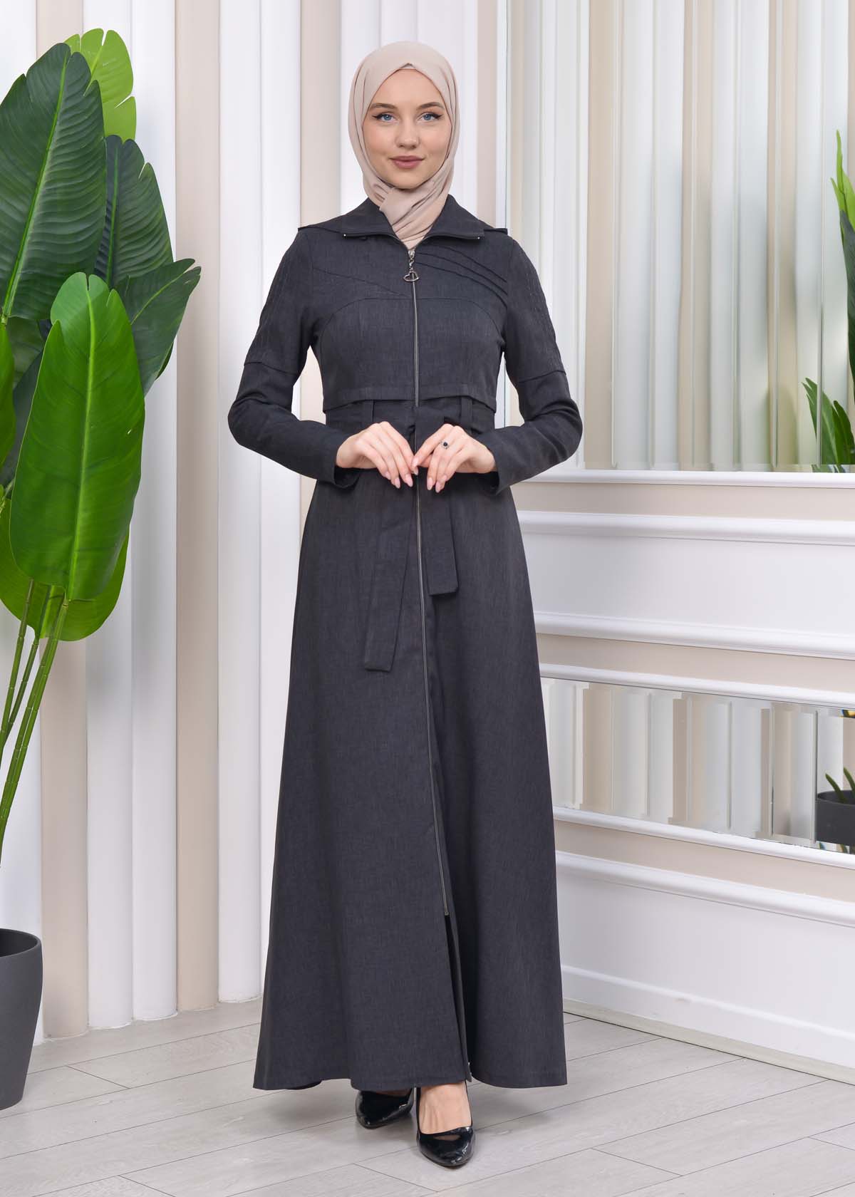 Hooded-Belted Hijab Topcoat 1212 with front zipper Koyu Antrasit