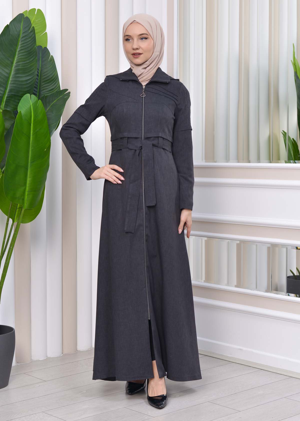 Hooded-Belted Hijab Topcoat 1212 with front zipper Koyu Antrasit