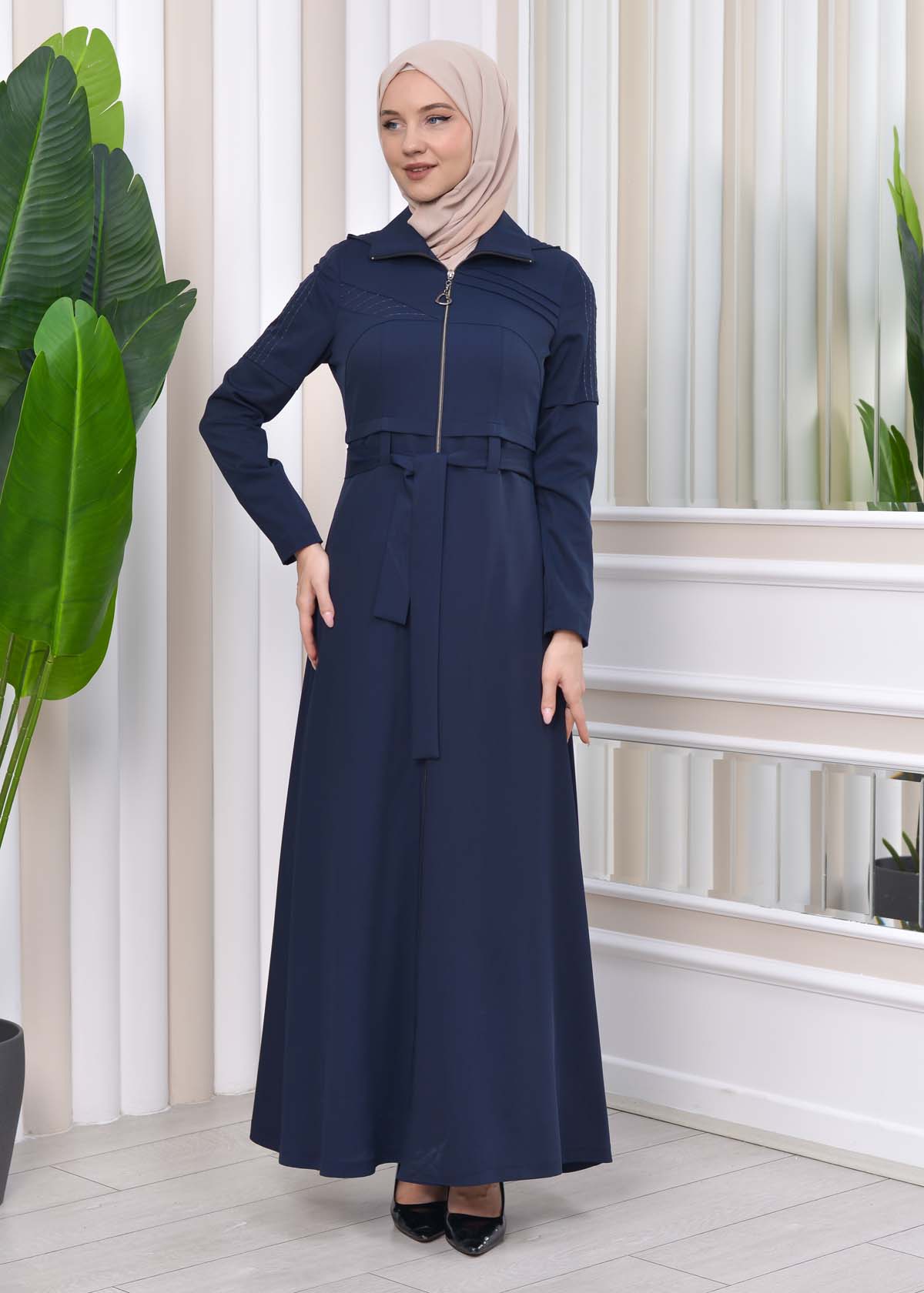 Hooded-Belted Hijab Topcoat 1212 with front zipper Lacivert