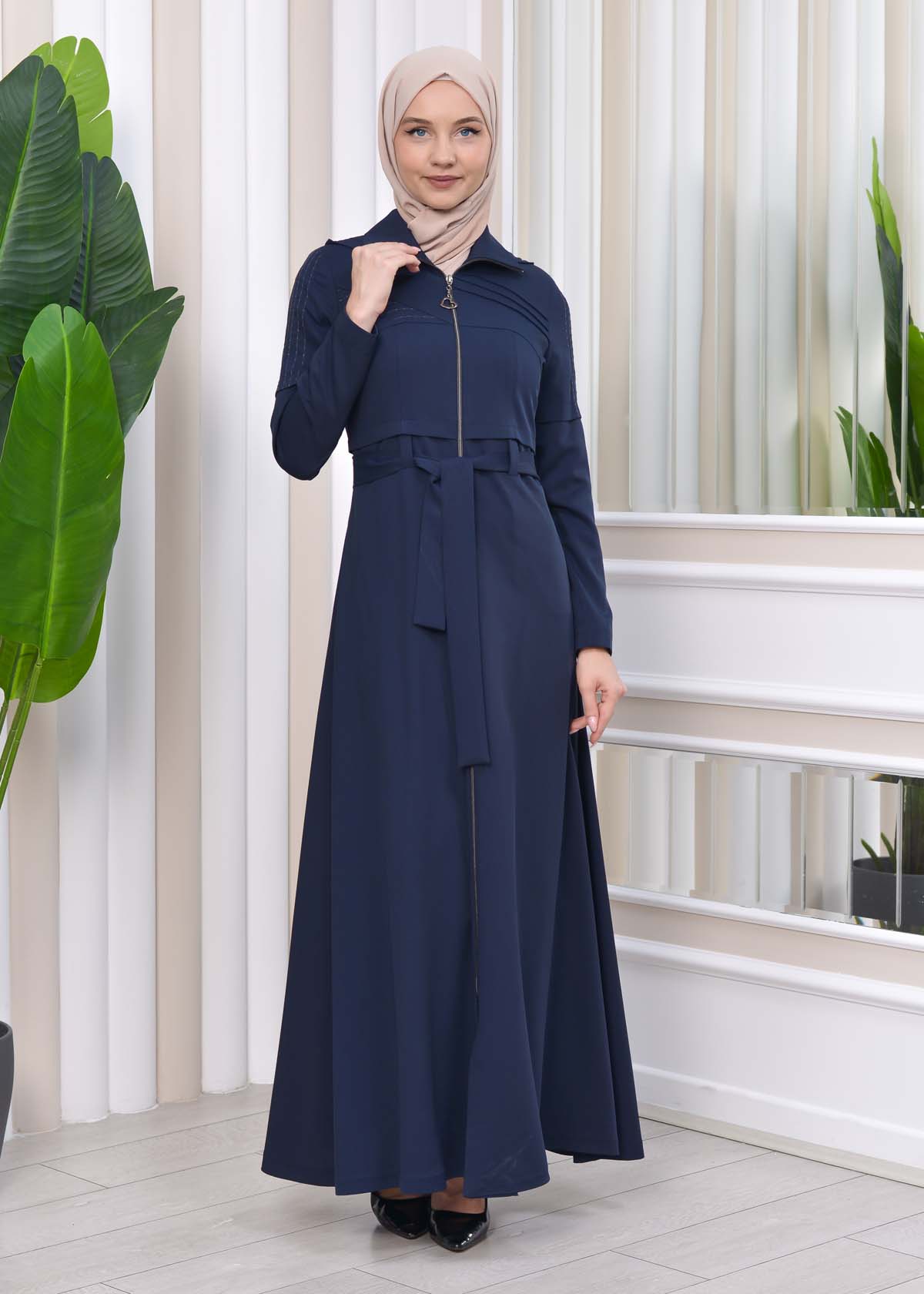 Hooded-Belted Hijab Topcoat 1212 with front zipper Lacivert