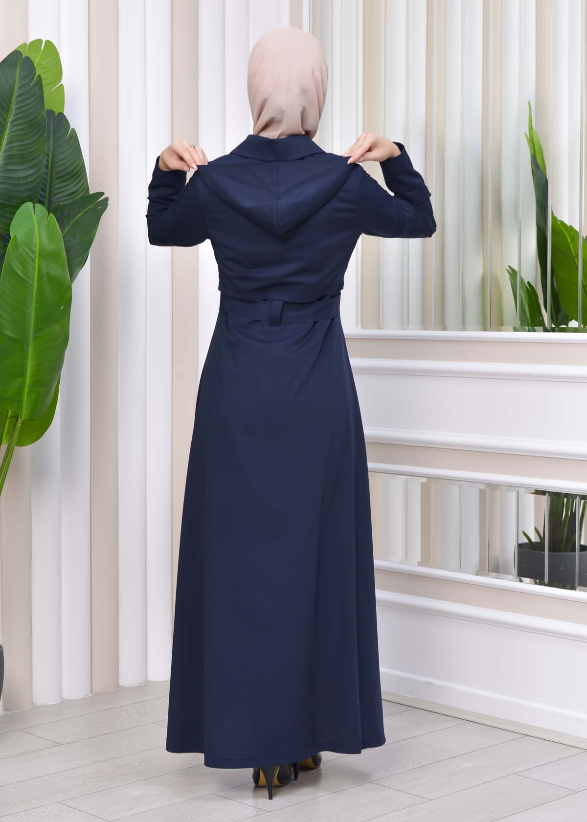 Hooded-Belted Hijab Topcoat 1212 with front zipper Lacivert