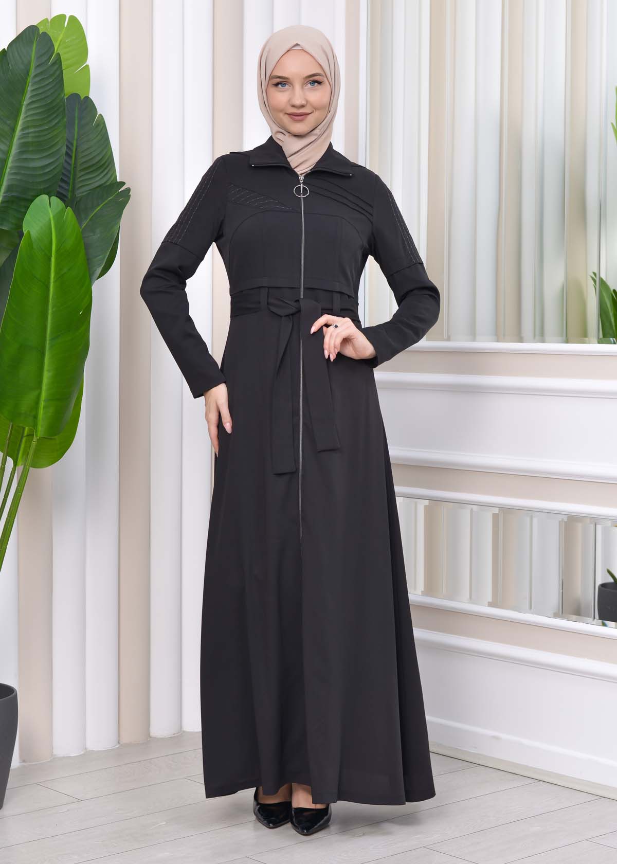 Hooded-Belted Hijab Topcoat 1212 with front zipper - black