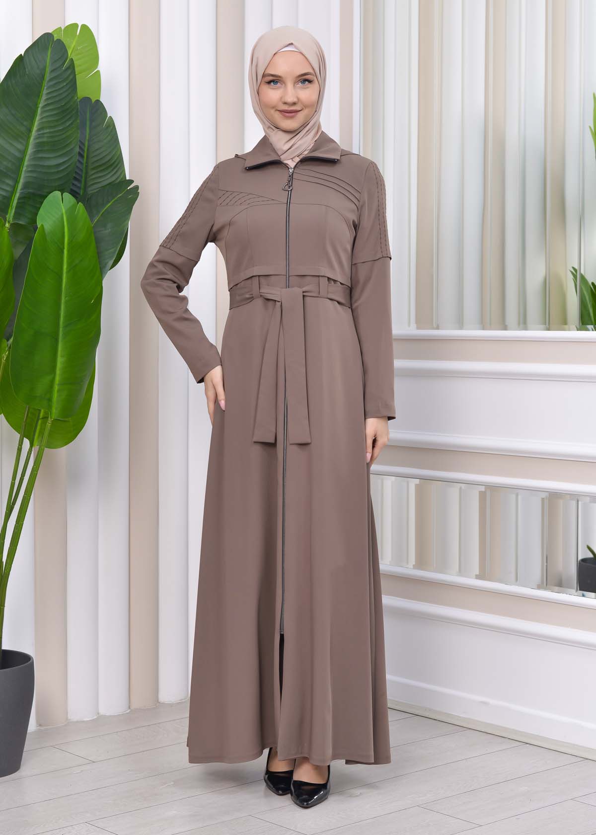 Hooded-Belted Hijab Topcoat 1212 with front zipper - beige