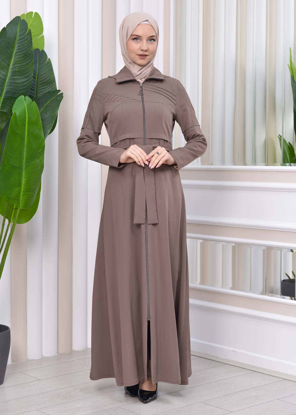 Hooded-Belted Hijab Topcoat 1212 with front zipper Bej