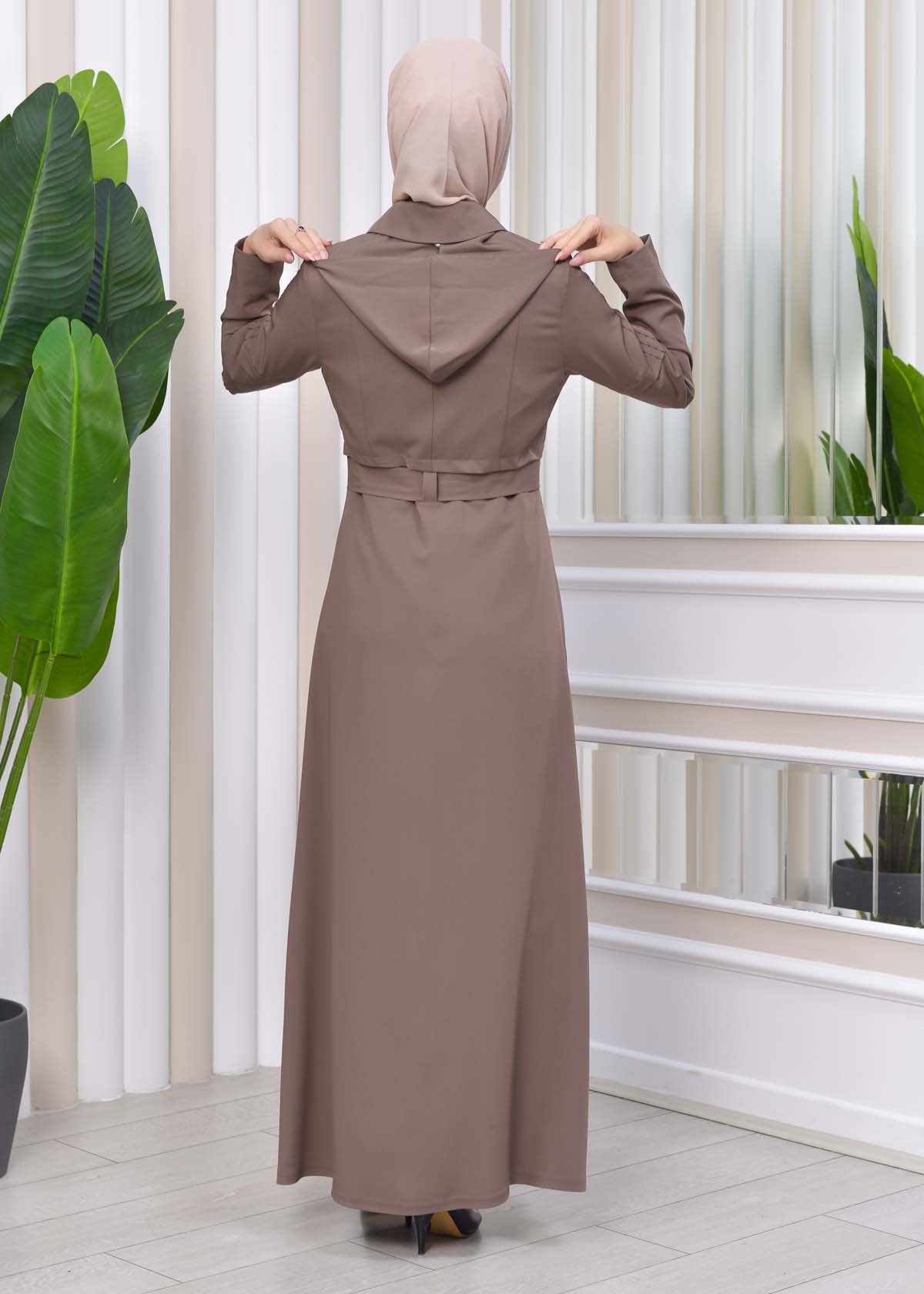 Hooded-Belted Hijab Topcoat 1212 with front zipper Bej