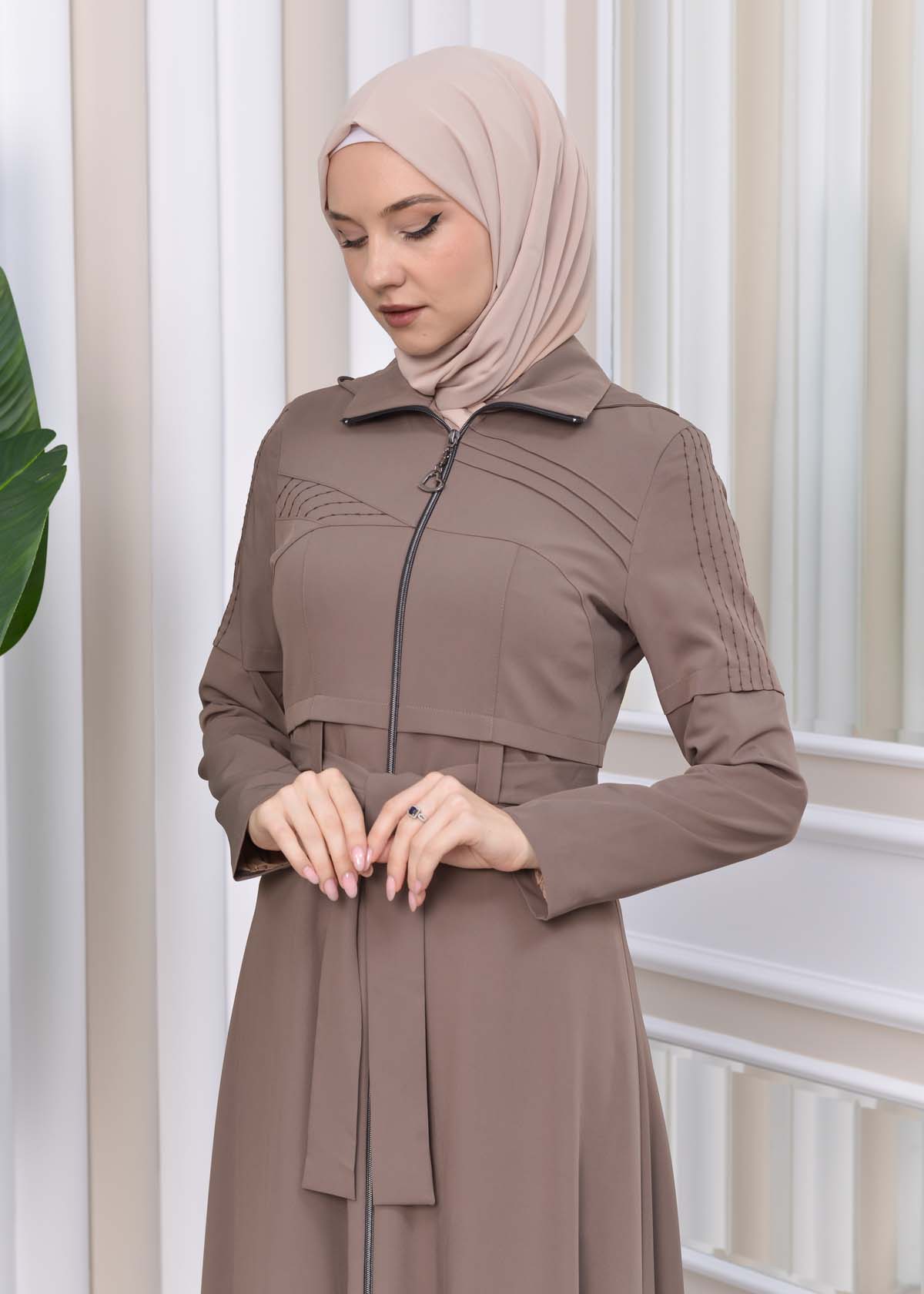 Hooded-Belted Hijab Topcoat 1212 with front zipper Bej