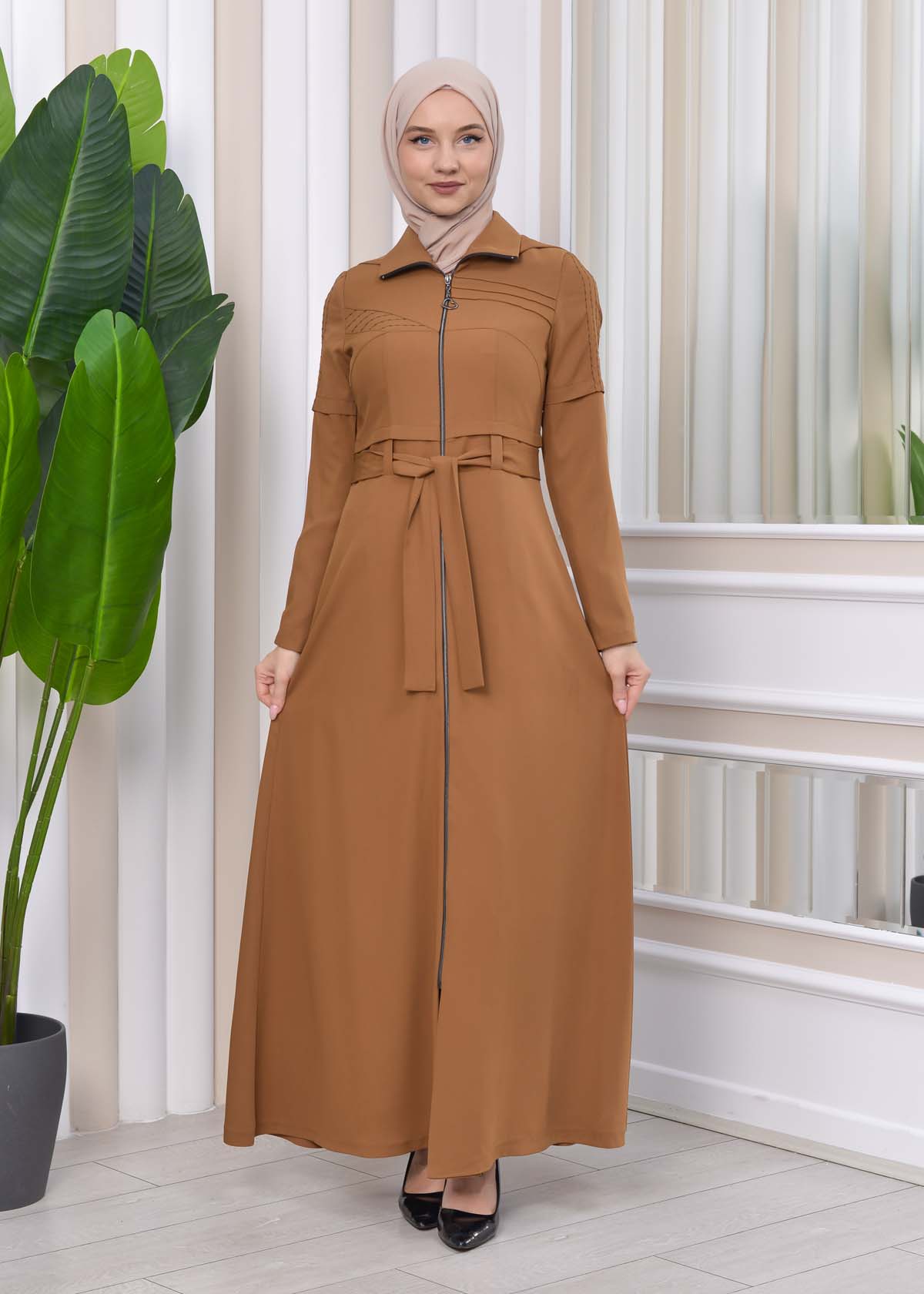 Hooded-Belted Hijab Topcoat 1212 with front zipper - tan