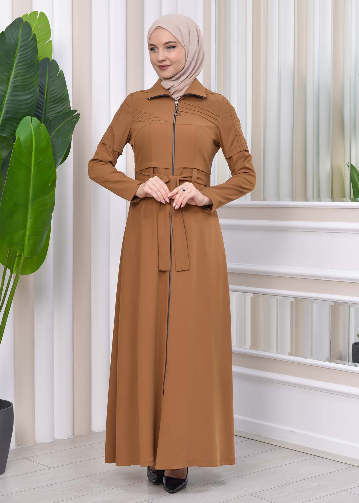 Hooded-Belted Hijab Topcoat 1212 with front zipper taba