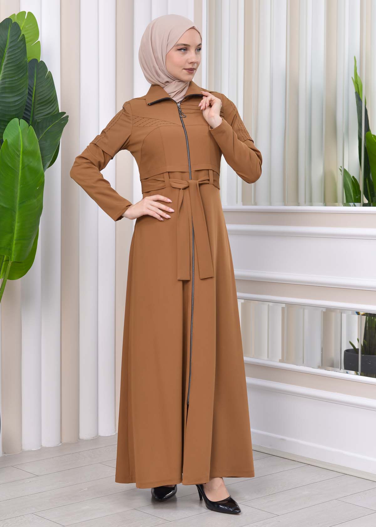 Hooded-Belted Hijab Topcoat 1212 with front zipper taba