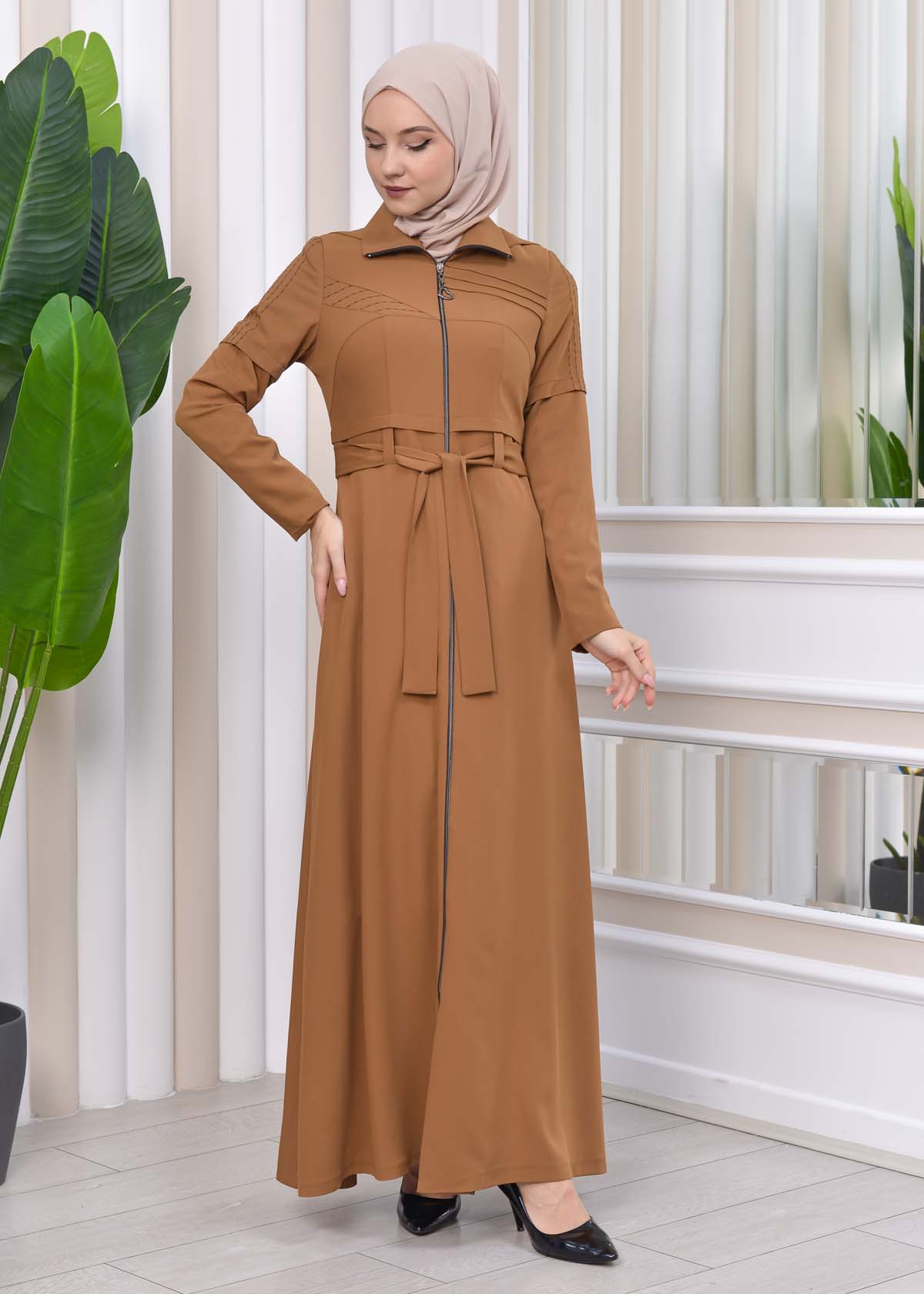 Hooded-Belted Hijab Topcoat 1212 with front zipper taba