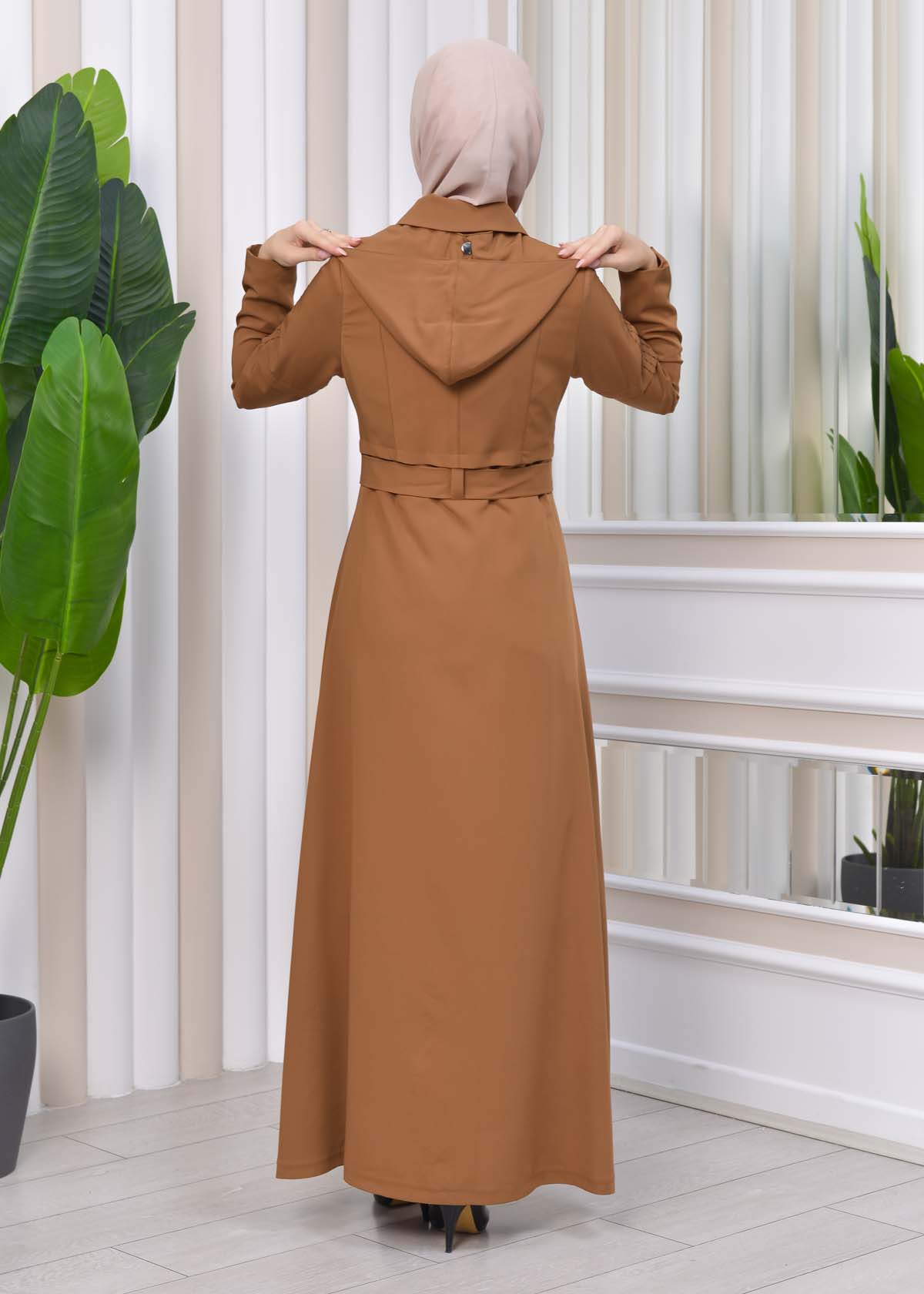 Hooded-Belted Hijab Topcoat 1212 with front zipper taba