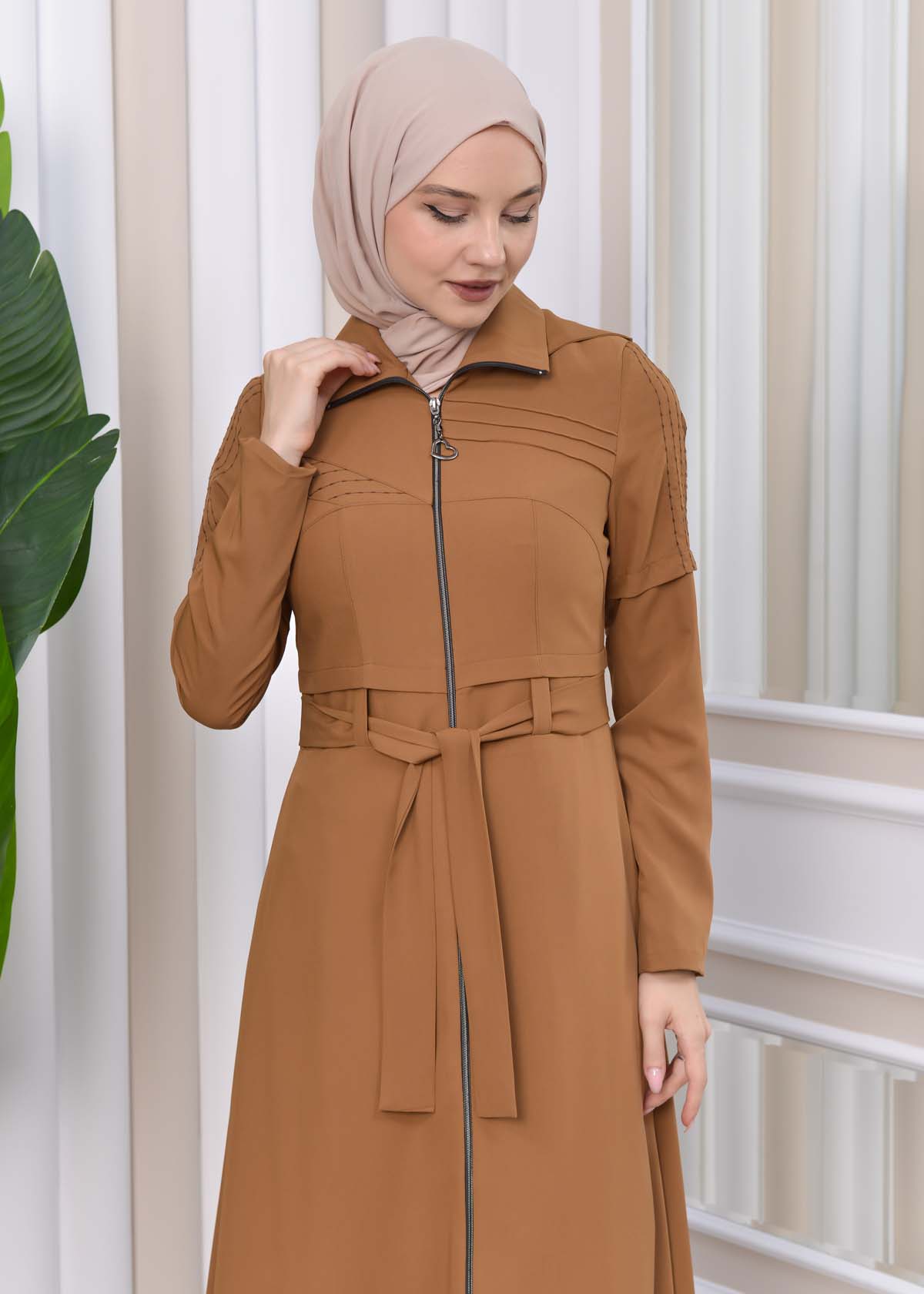 Hooded-Belted Hijab Topcoat 1212 with front zipper taba