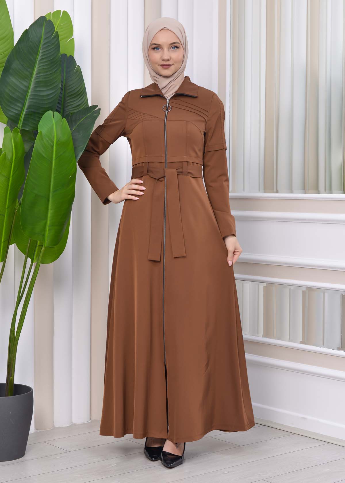 Hooded-Belted Hijab Topcoat 1212 with front zipper - brown