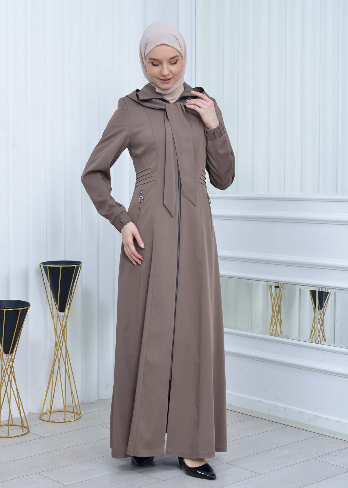 Hooded-Belted Hijab Topcoat 1213 with front zipper Bej