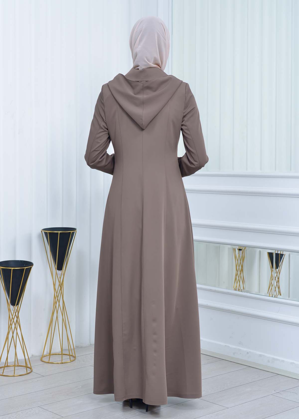 Hooded-Belted Hijab Topcoat 1213 with front zipper Bej