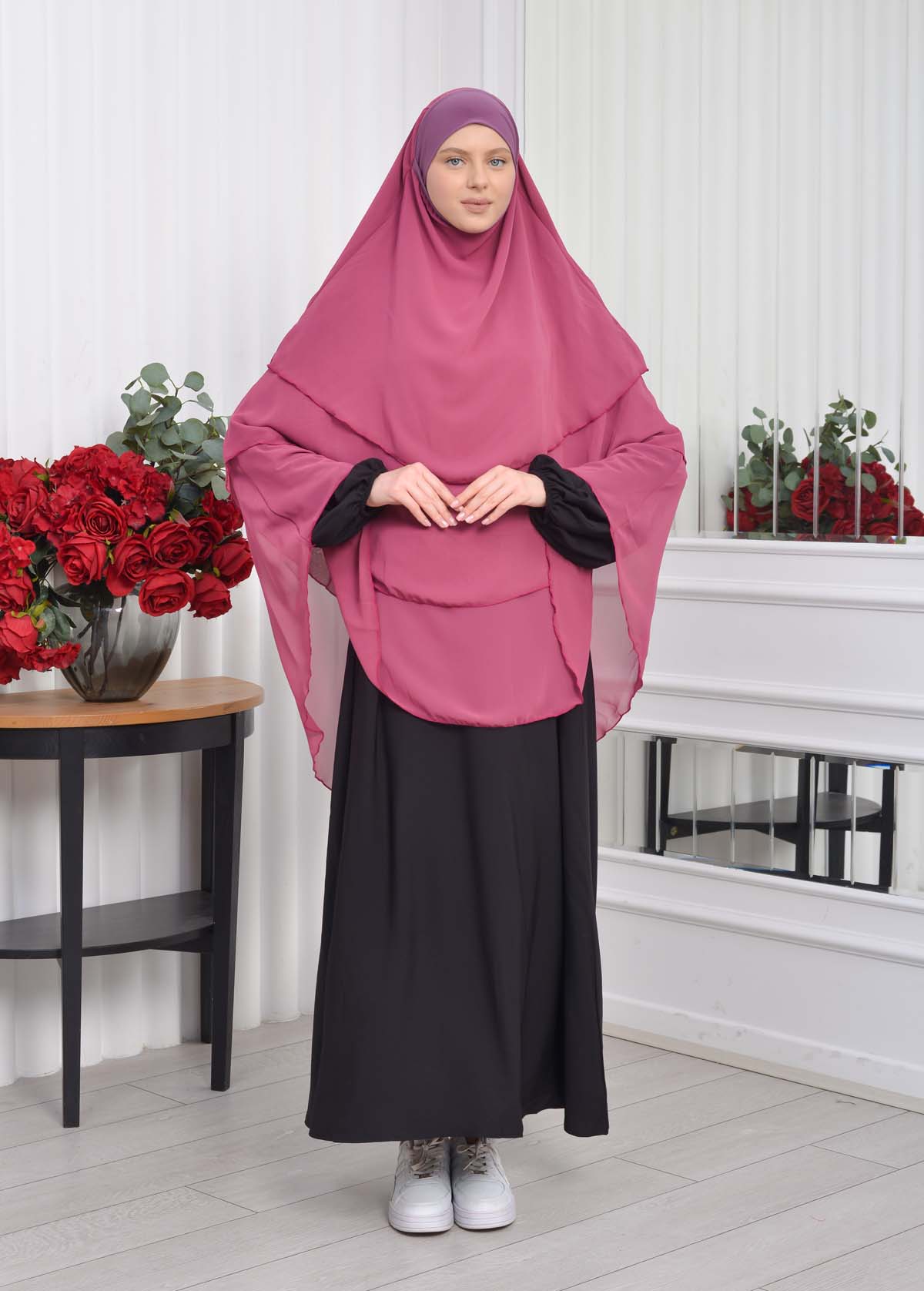 Chiffon Hijab Ready Made Veiled Practical Scarf 3 Layer - Cover Souffle 827 Fuşya