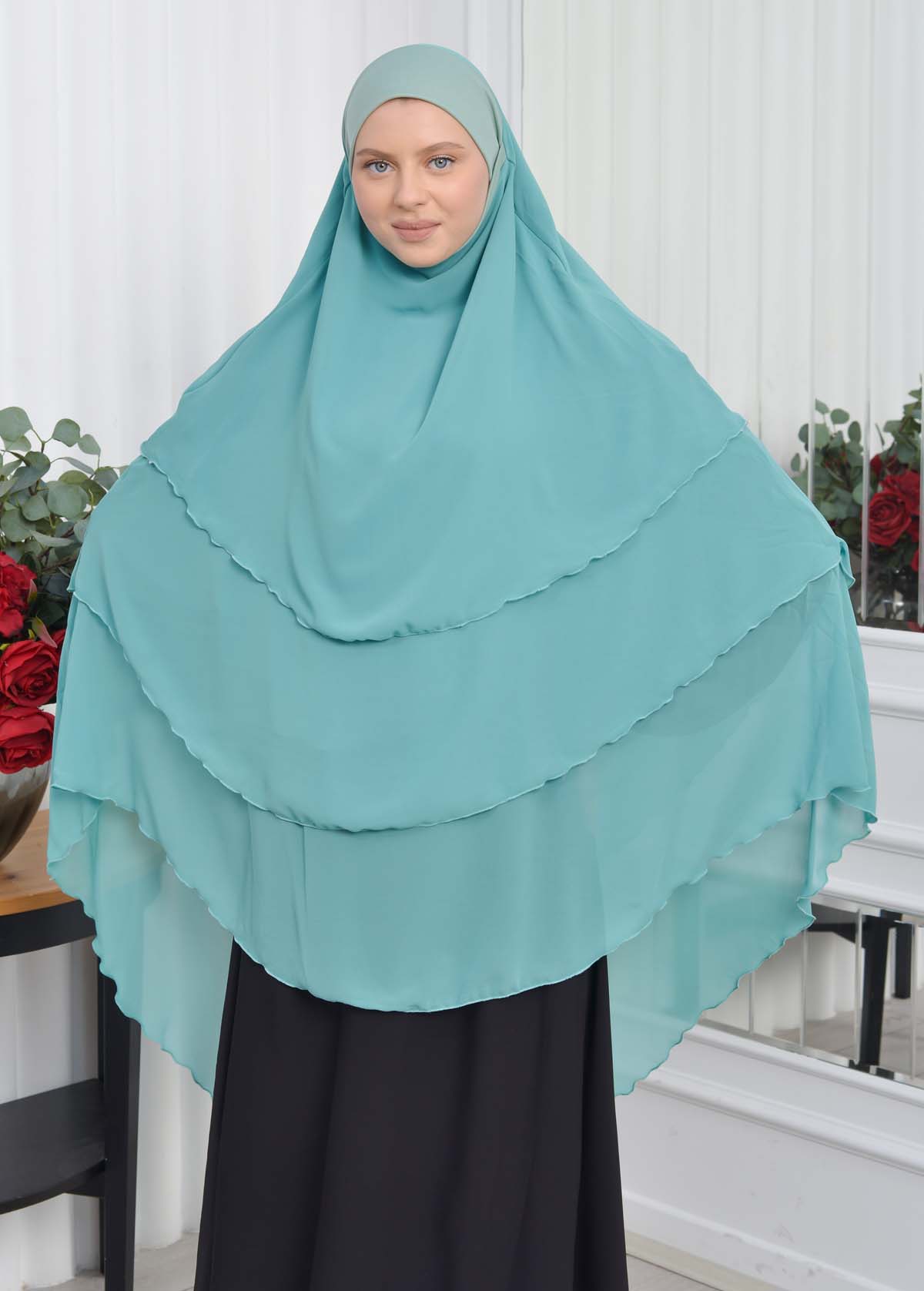 Chiffon Hijab Ready Made Veiled Practical Scarf 3 Layer - Cover Souffle 827 Koyu mint