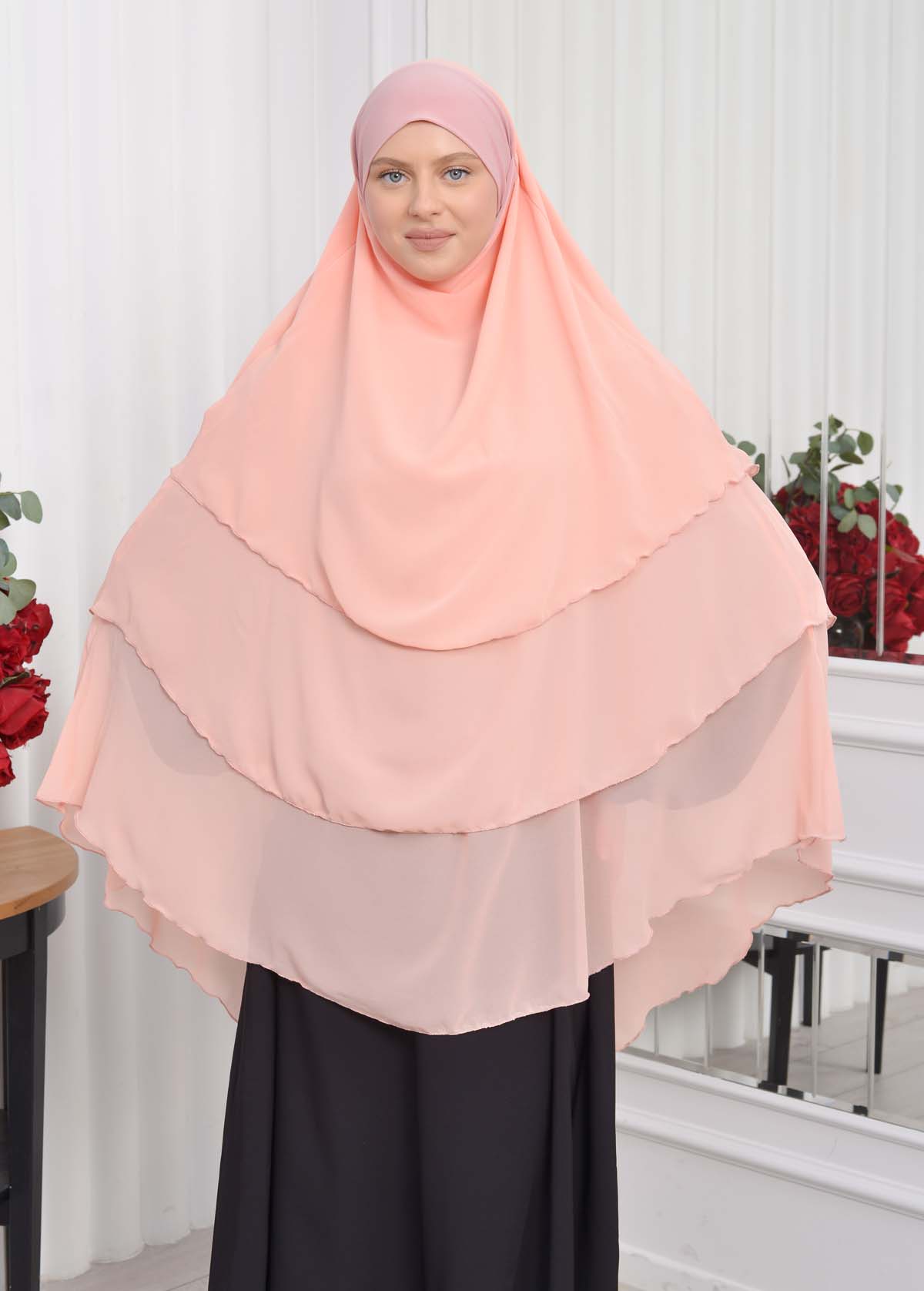 Chiffon Hijab Ready Made Veiled Practical Scarf 3 Layer - Cover Souffle 827 Pudra