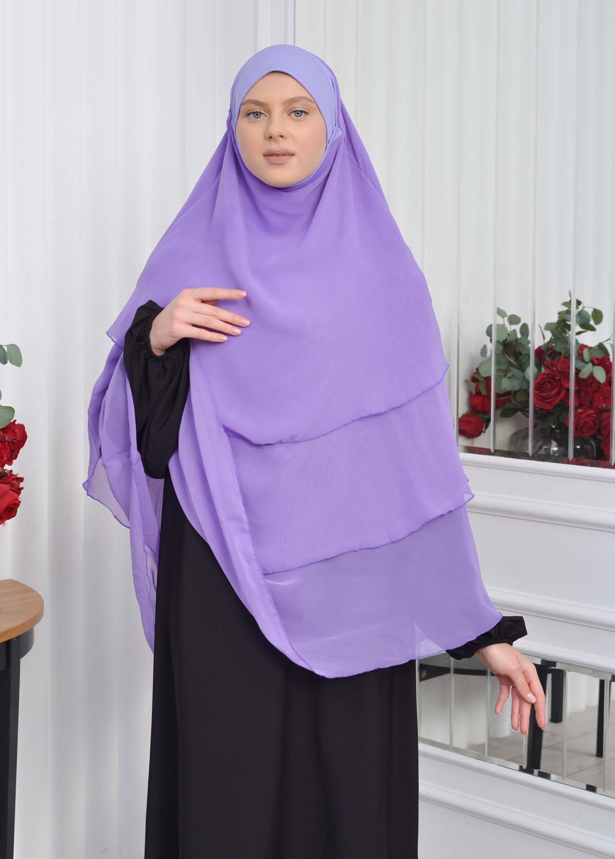 Şifon Şal Hazır Peçeli Pratik Eşarp Tesettür Hijab 3 Katman - Örtüsü Sufle 827 Lila