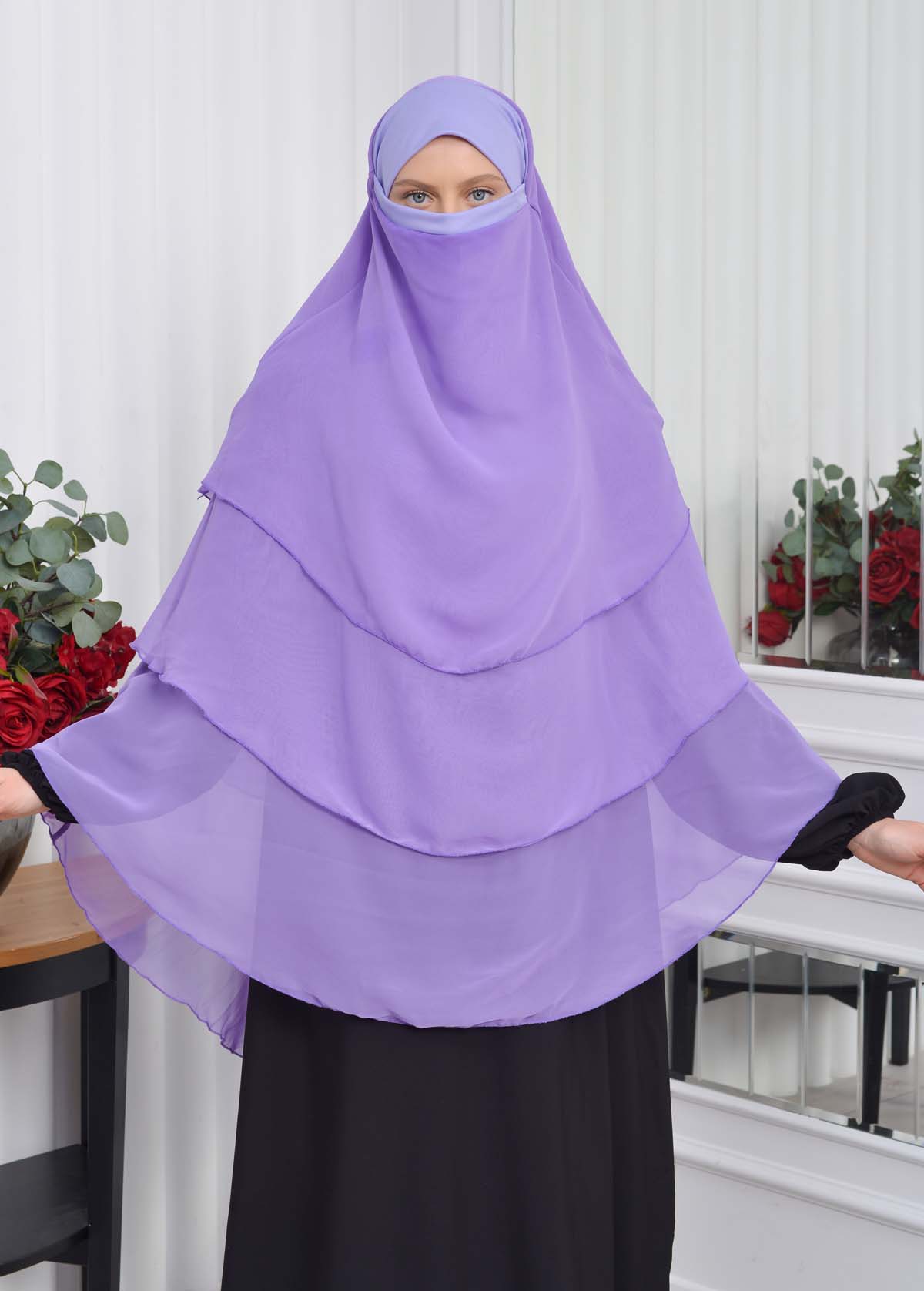 Şifon Şal Hazır Peçeli Pratik Eşarp Tesettür Hijab 3 Katman - Örtüsü Sufle 827 Lila